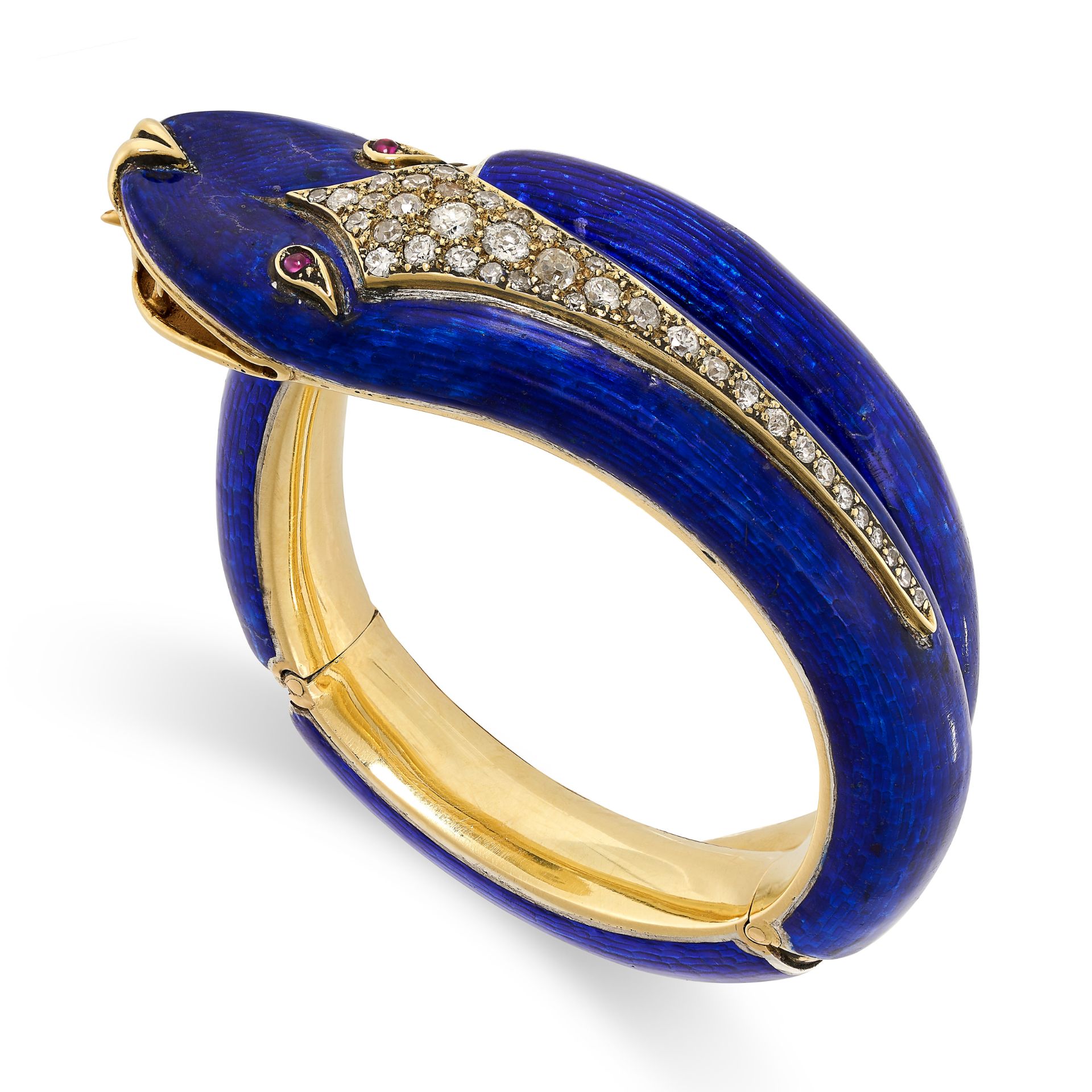 AN ANTIQUE ENAMEL, DIAMOND AND RUBY SNAKE BANGLE, LATE 19TH CENTURY in yellow gold, and silver,