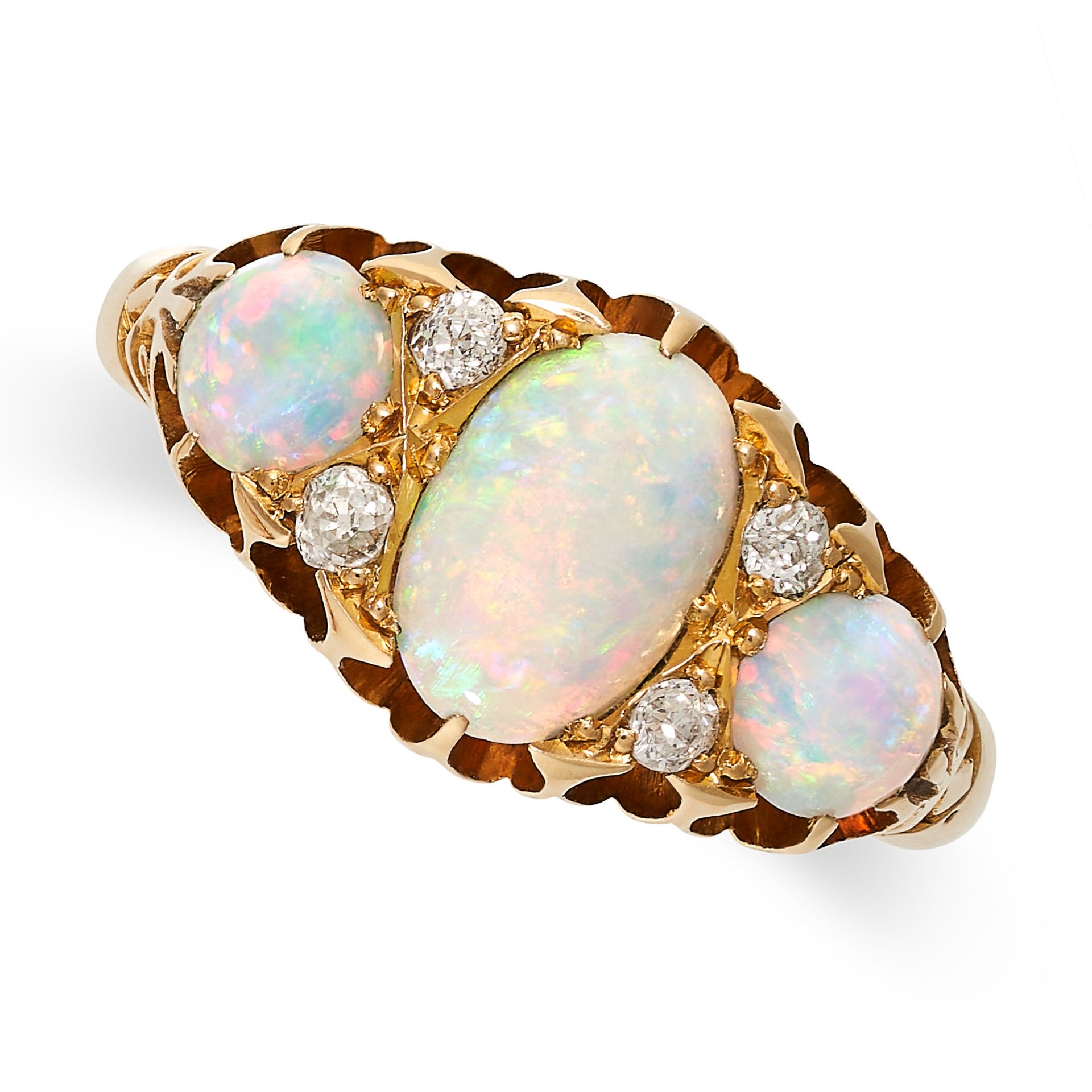 AN ANTIQUE VICTORIAN OPAL AND DIAMOND RING, 1897 in 18ct yellow gold, set with three graduated