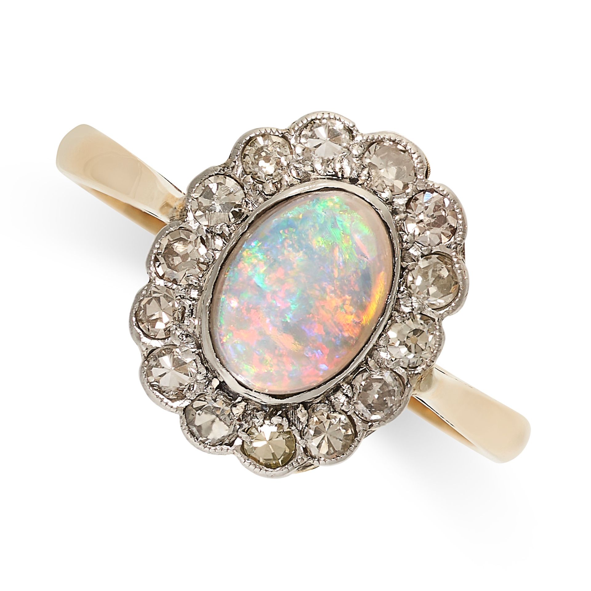 A VINTAGE OPAL AND DIAMOND CLUSTER RING in 18ct gold, set centrally with an opal cabochon of 0.64