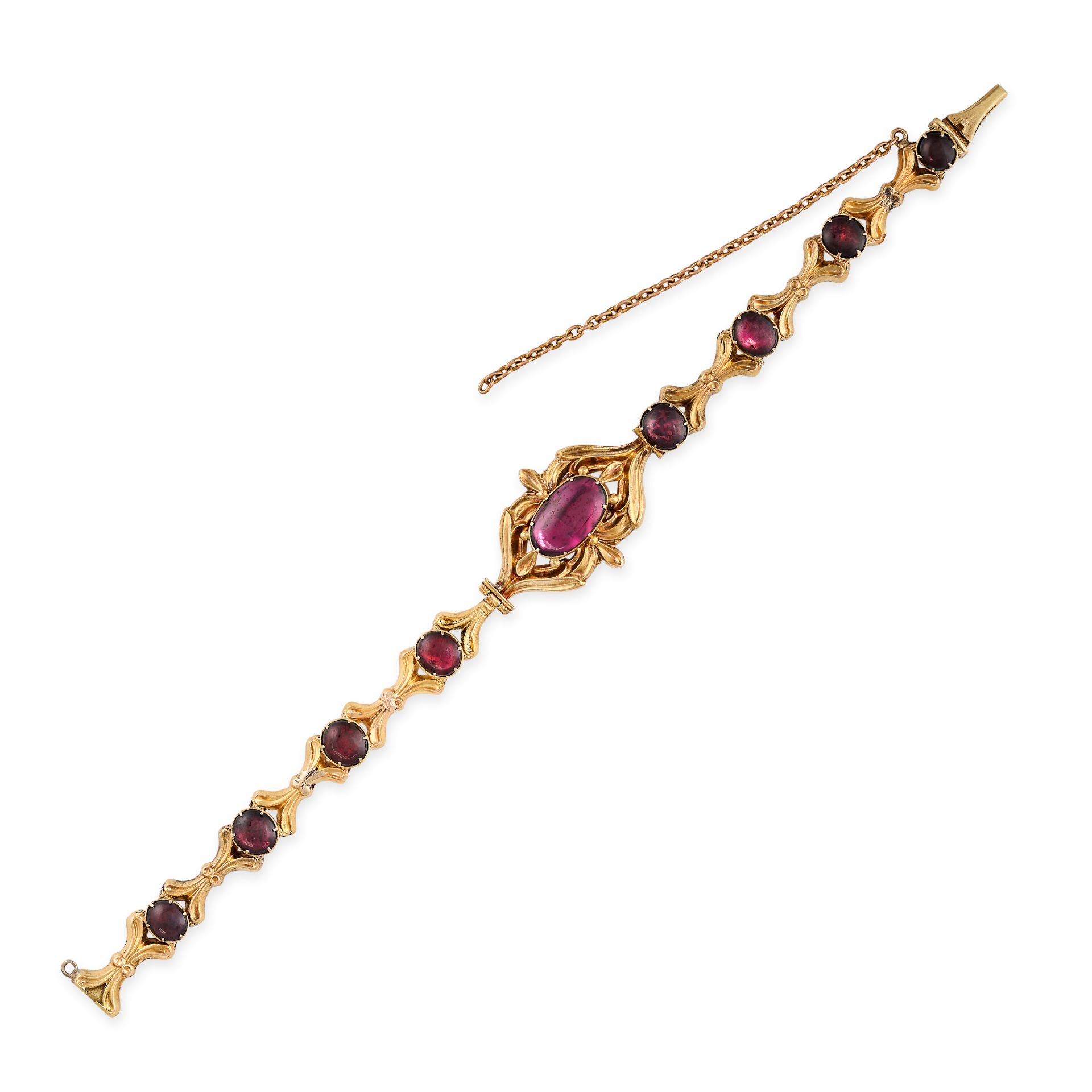AN ANTIQUE GARNET MOURNING LOCKET BRACELET, 19TH CENTURY in yellow gold, the body formed of a series