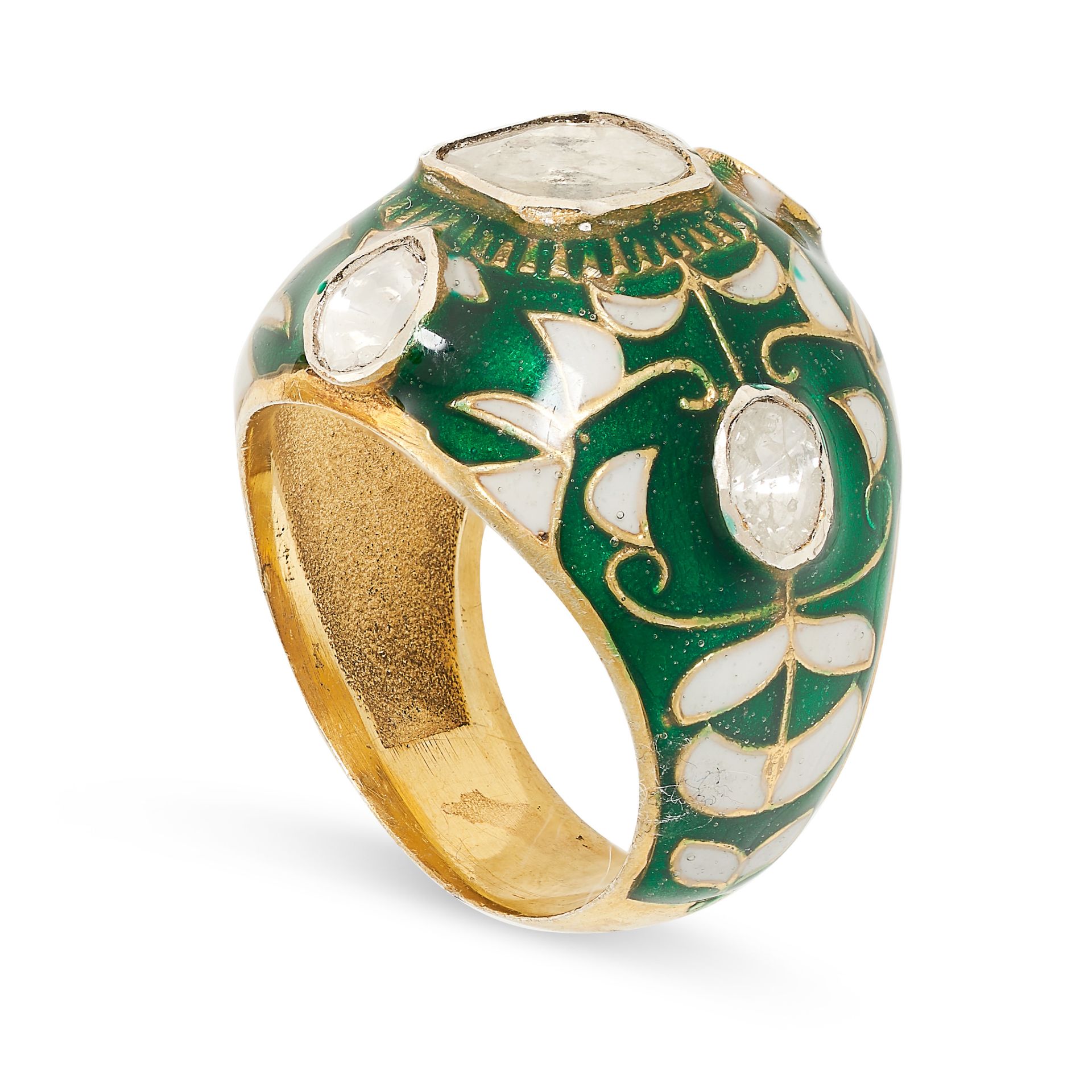 A DIAMOND AND ENAMEL RING set with a flat cut diamond in a border of green and white enamel, - Image 2 of 2