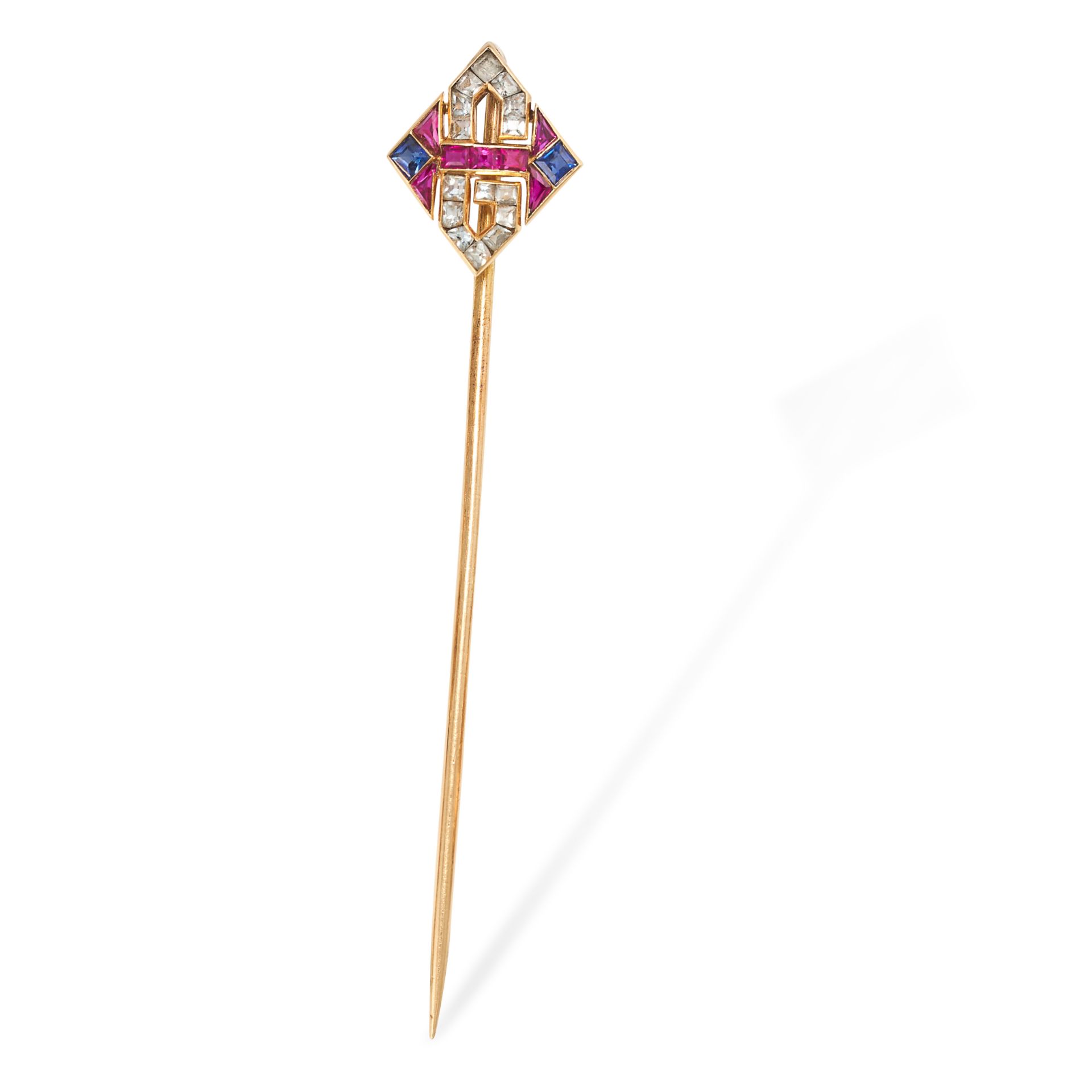 TIFFANY & CO, AN ANTIQUE RUBY, SAPPHIRE AND DIAMOND TIE PIN BROOCH in yellow gold, the diamond