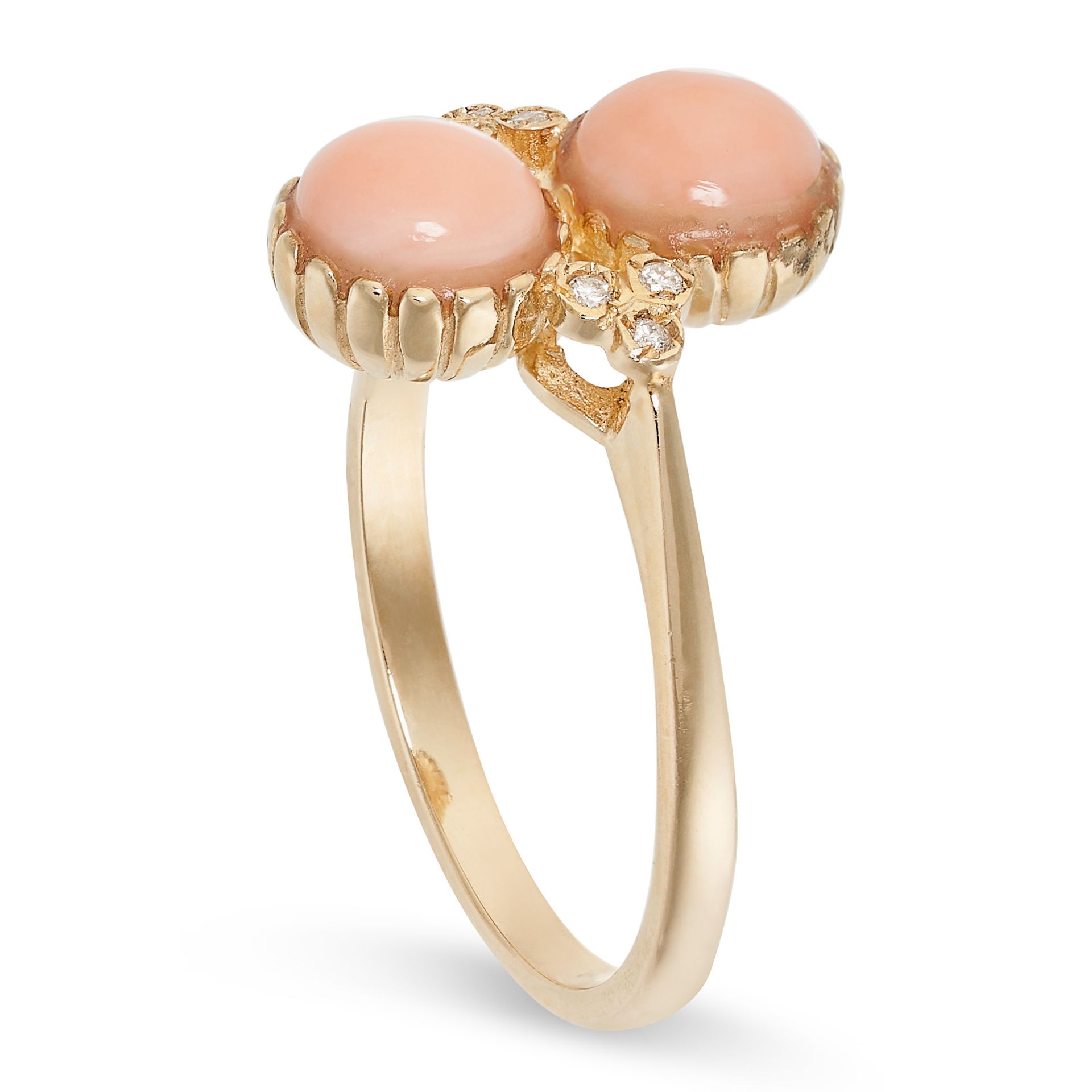 A CORAL AND DIAMOND RING in 9ct gold, set with two round polished pieces of pink coral, accented - Bild 2 aus 2