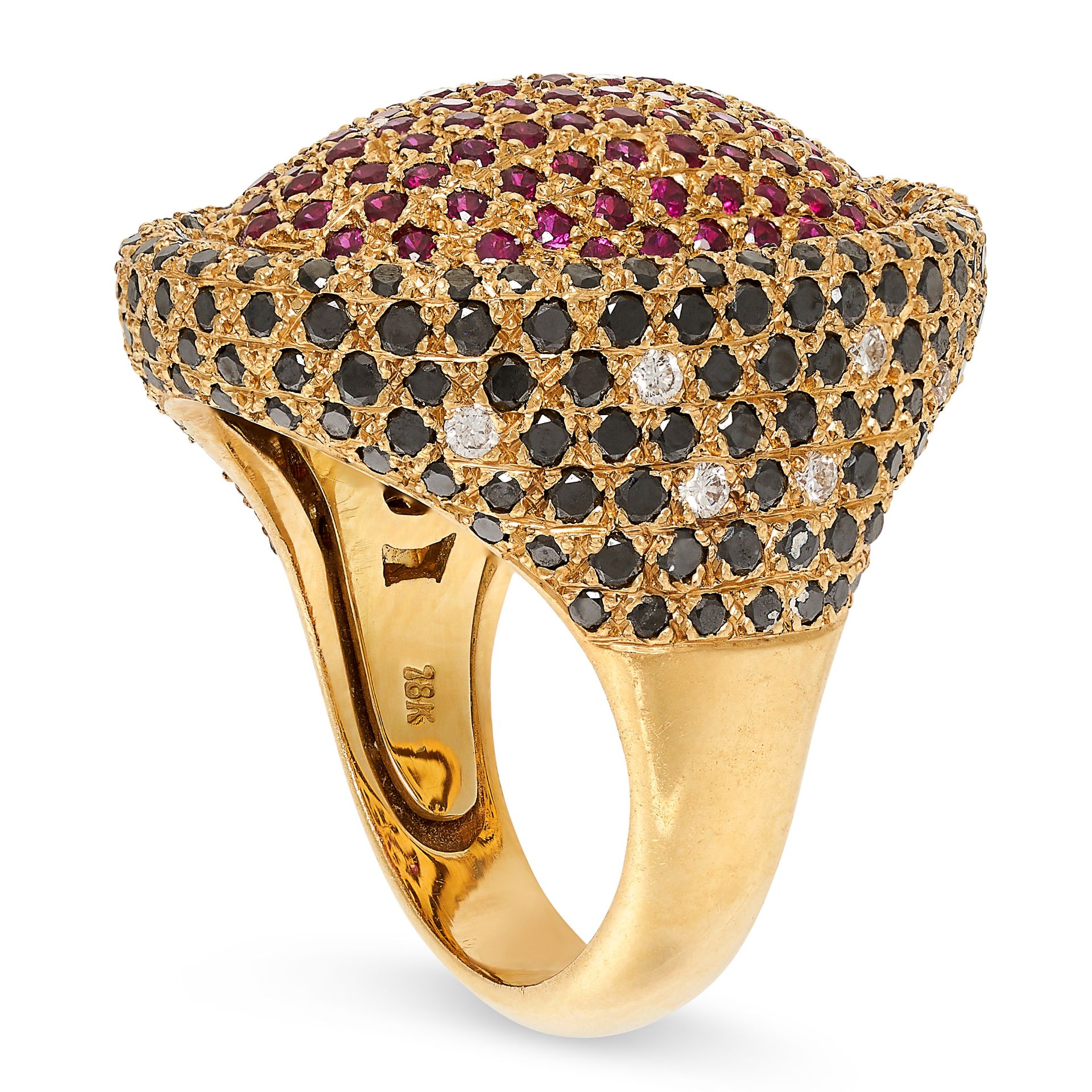 A RUBY, DIAMOND AND BLACK DIAMOND RING in 18ct yellow gold, the oval face pave set with round cut - Image 2 of 2