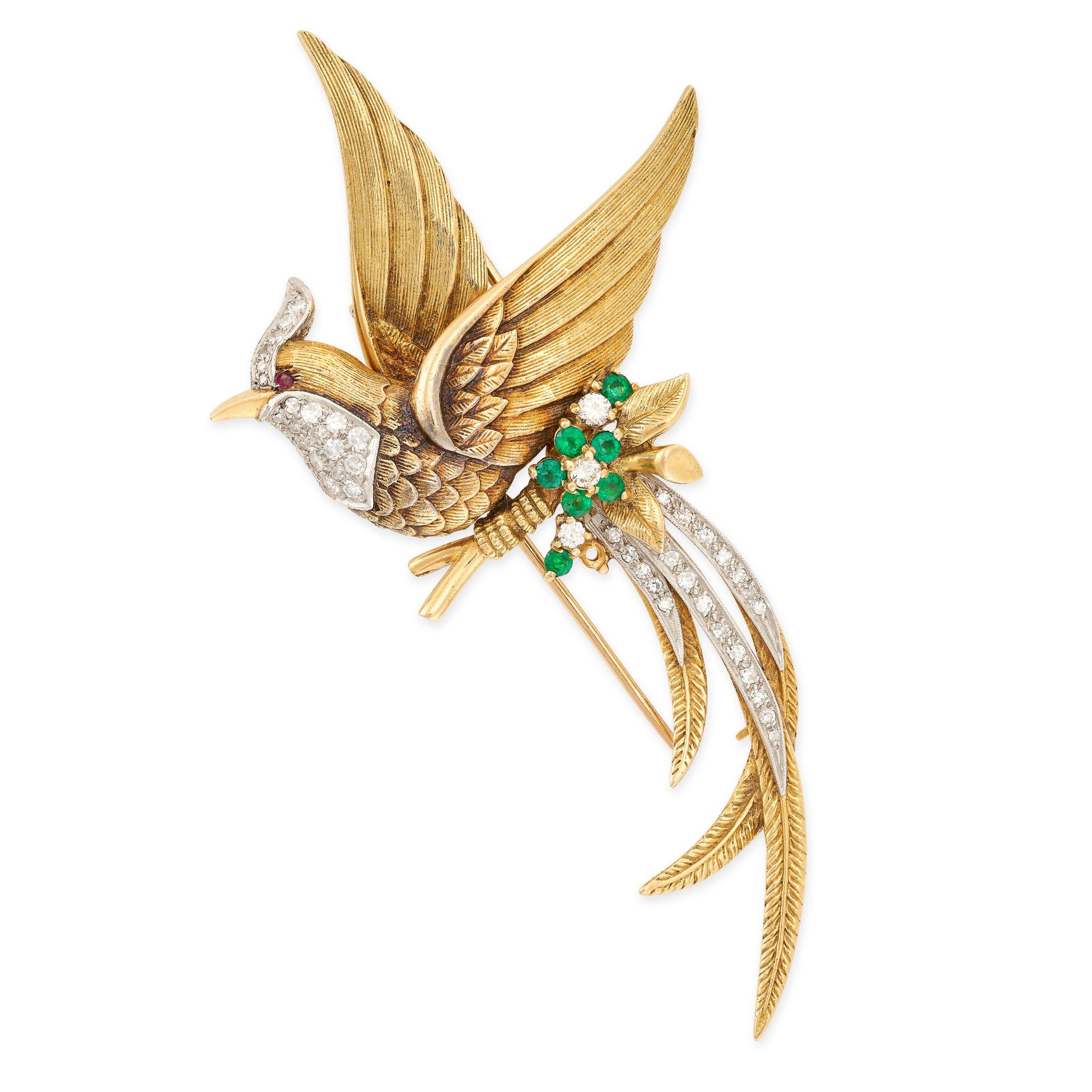 A VINTAGE DIAMOND, EMERALD AND RUBY BIRD BROOCH in 18ct yellow gold and platinum, designed as a bird