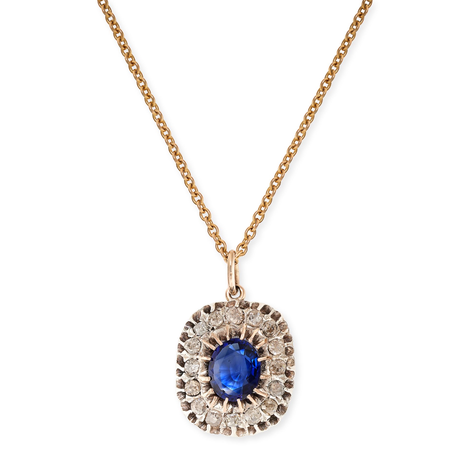 A VINTAGE SAPPHIRE AND DIAMOND PENDANT AND CHAIN in yellow gold, set with a central oval cut blue