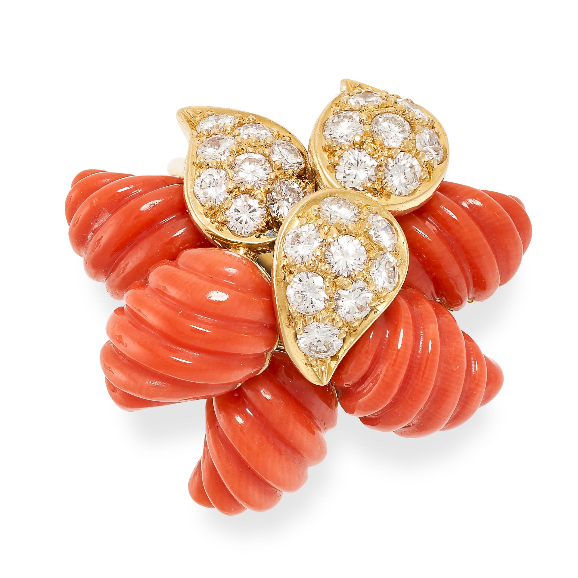 A VINTAGE CORAL AND DIAMOND COCKTAIL RING, CIRCA 1960 in yellow gold, set with a series of carved