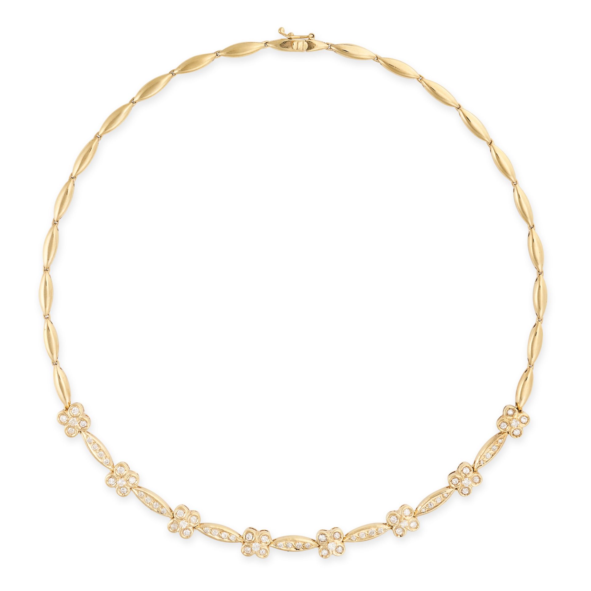 A DIAMOND NECKLACE in 18ct yellow gold, comprising eight clusters of round cut diamonds accented