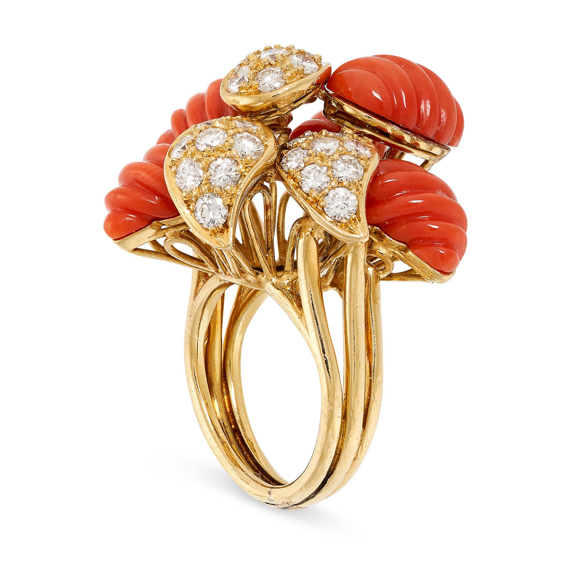 A VINTAGE CORAL AND DIAMOND COCKTAIL RING, CIRCA 1960 in yellow gold, set with a series of carved - Image 2 of 2