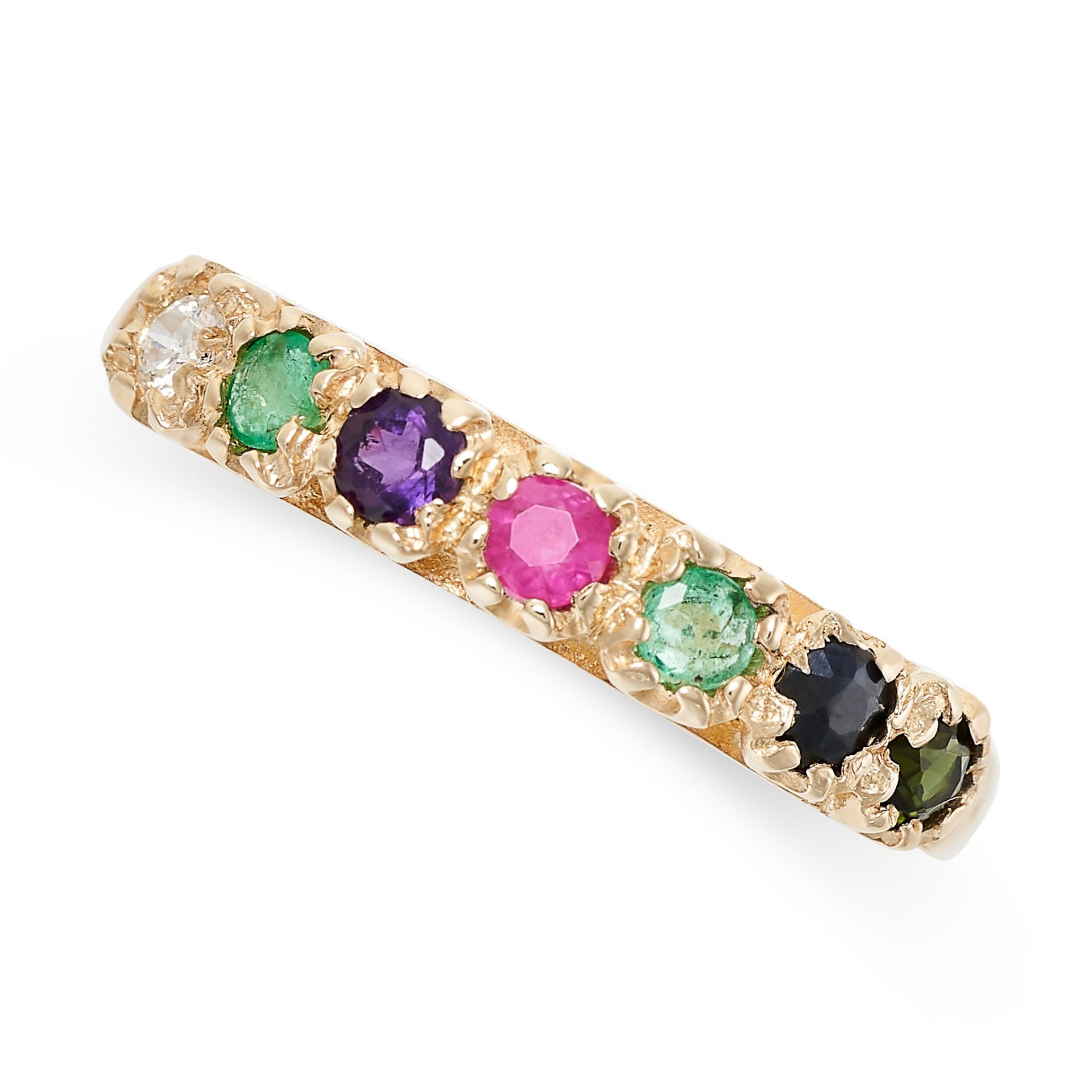 AN GEMSET DEAREST RING in 9ct gold, set with a row of round cut diamond, emerald, amethyst, ruby,