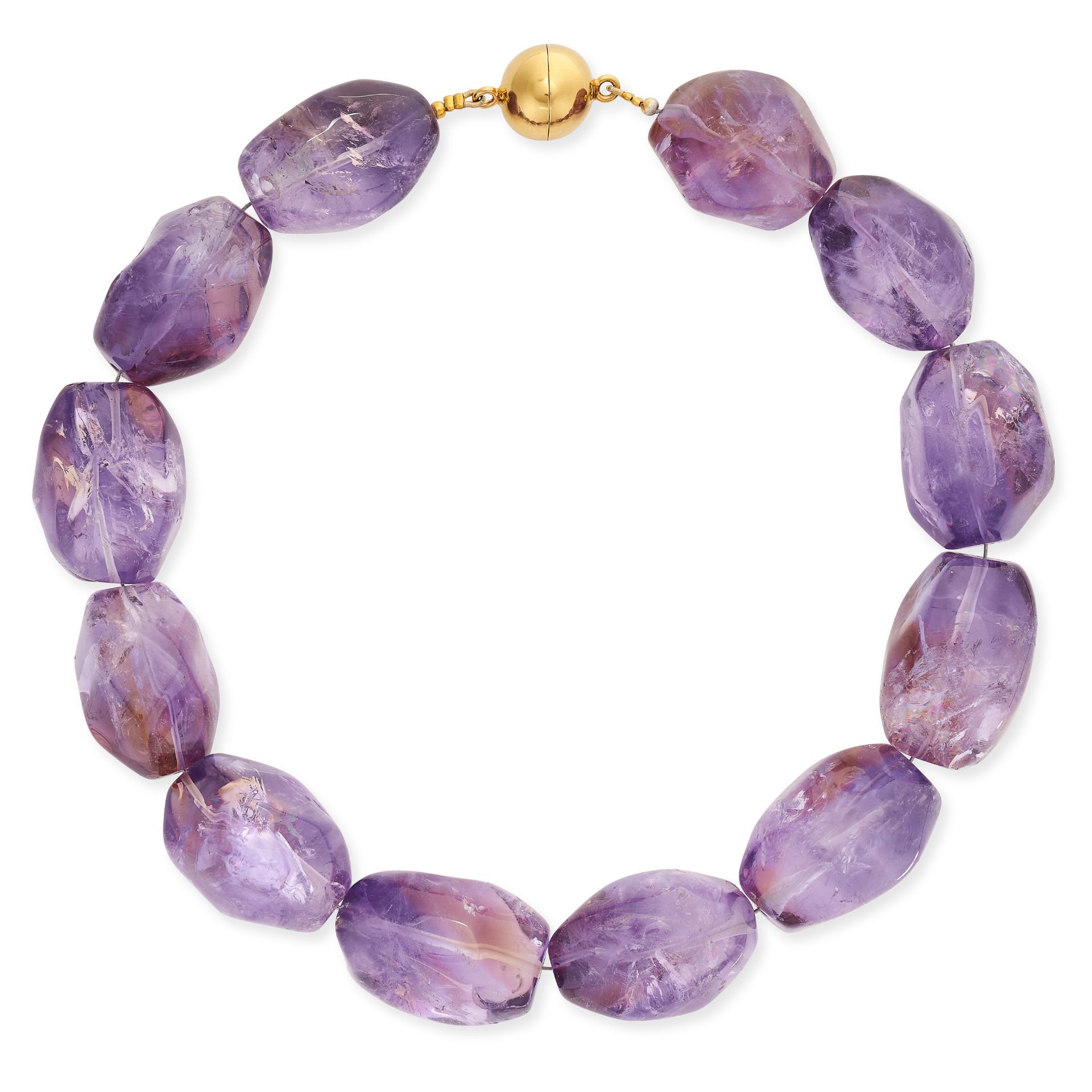 AN AMETHYST BEAD NECKLACE comprising a single row of twelve large polished amethyst beads, no