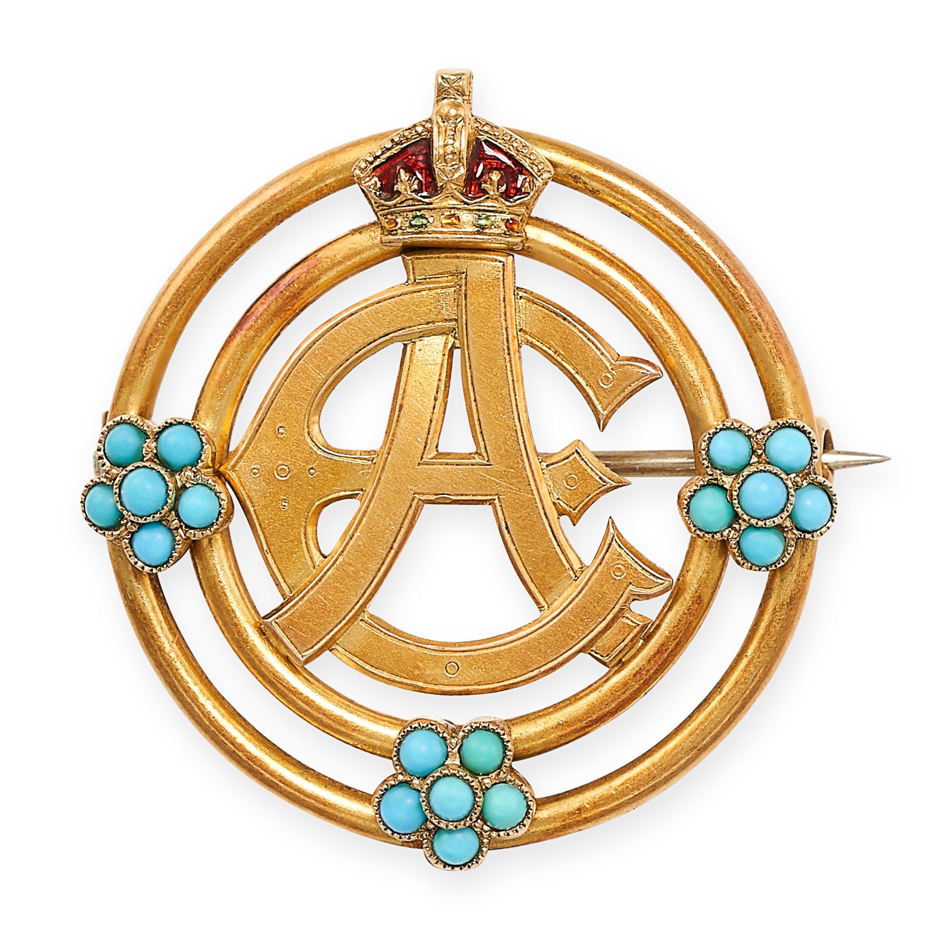 AN ANTIQUE TURQUOISE AND ENAMEL ROYAL PRESENTATION BROOCH, EARLY 20TH CENTURY in yellow gold,