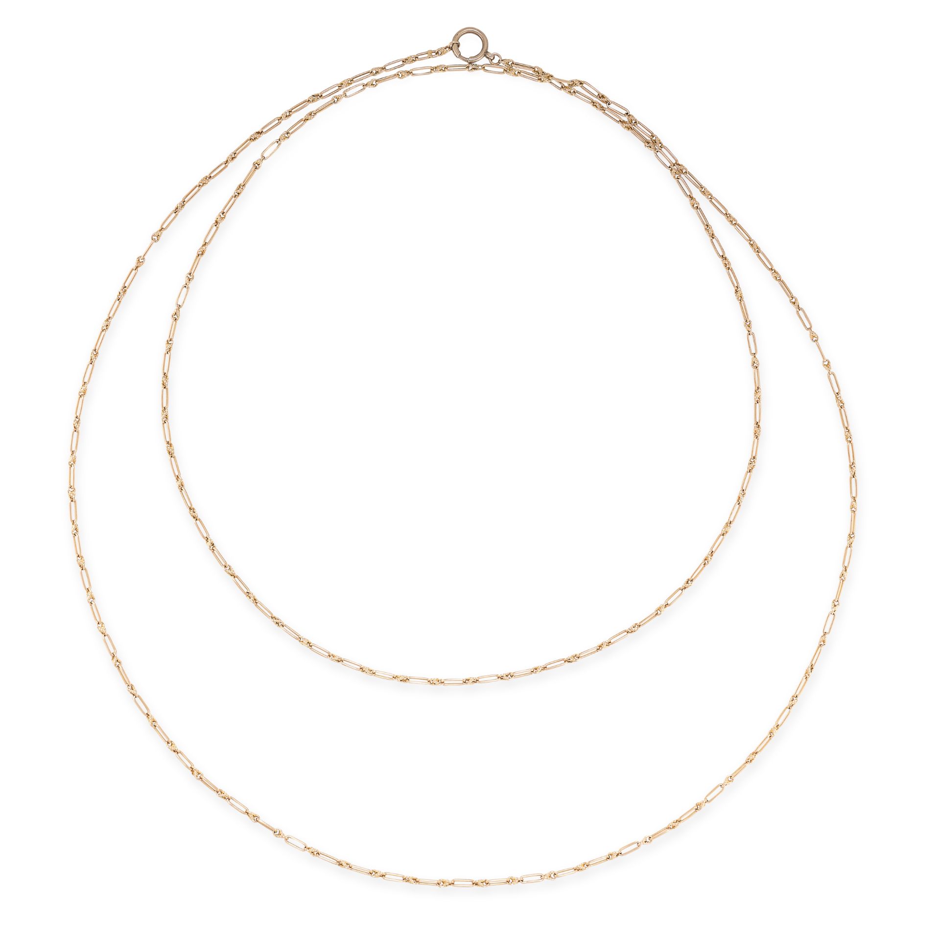 AN ANTIQUE FANCY LINK CHAIN NECKLACE in 15ct yellow gold, stamped 15ct, 145.0cm, 35.1g.