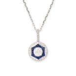 A DIAMOND AND SAPPHIRE TARGET PENDANT NECKLACE in 18ct white gold, set with a central round