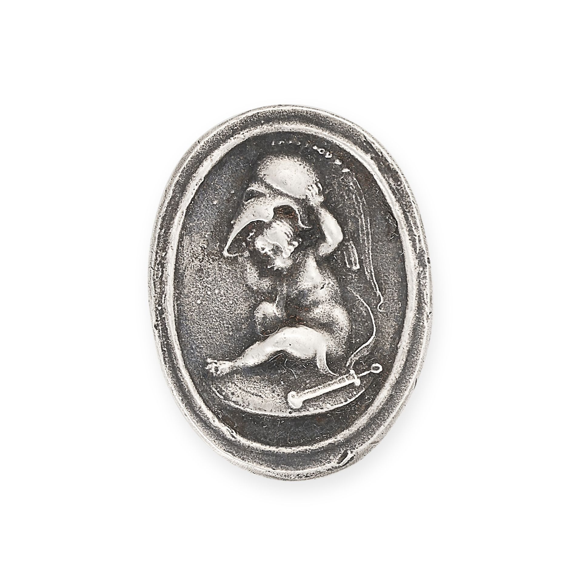 A SILVER INTAGLIO depicting Cupid wearing a helmet, no assay marks, 1.8cm, 6.9g.