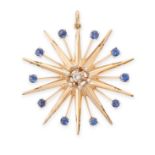A SAPPHIRE AND DIAMOND STAR PENDANT in high carat yellow gold, set to the centre with a round