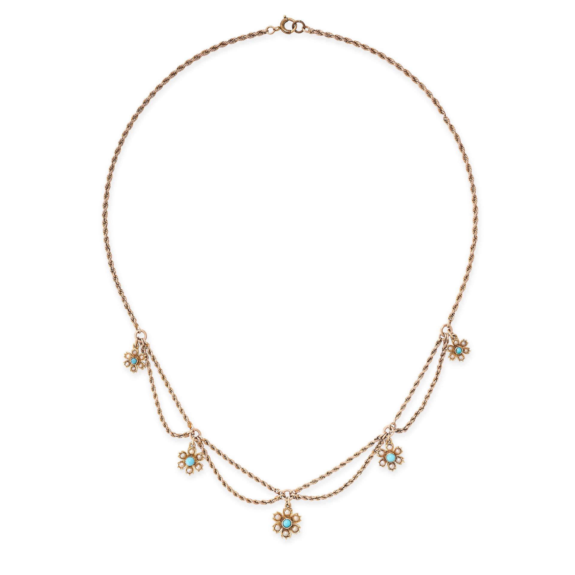 AN ANTIQUE VICTORIAN TURQUOISE AND PEARL NECKLACE, 19TH CENTURY in 15ct yellow gold, suspending five