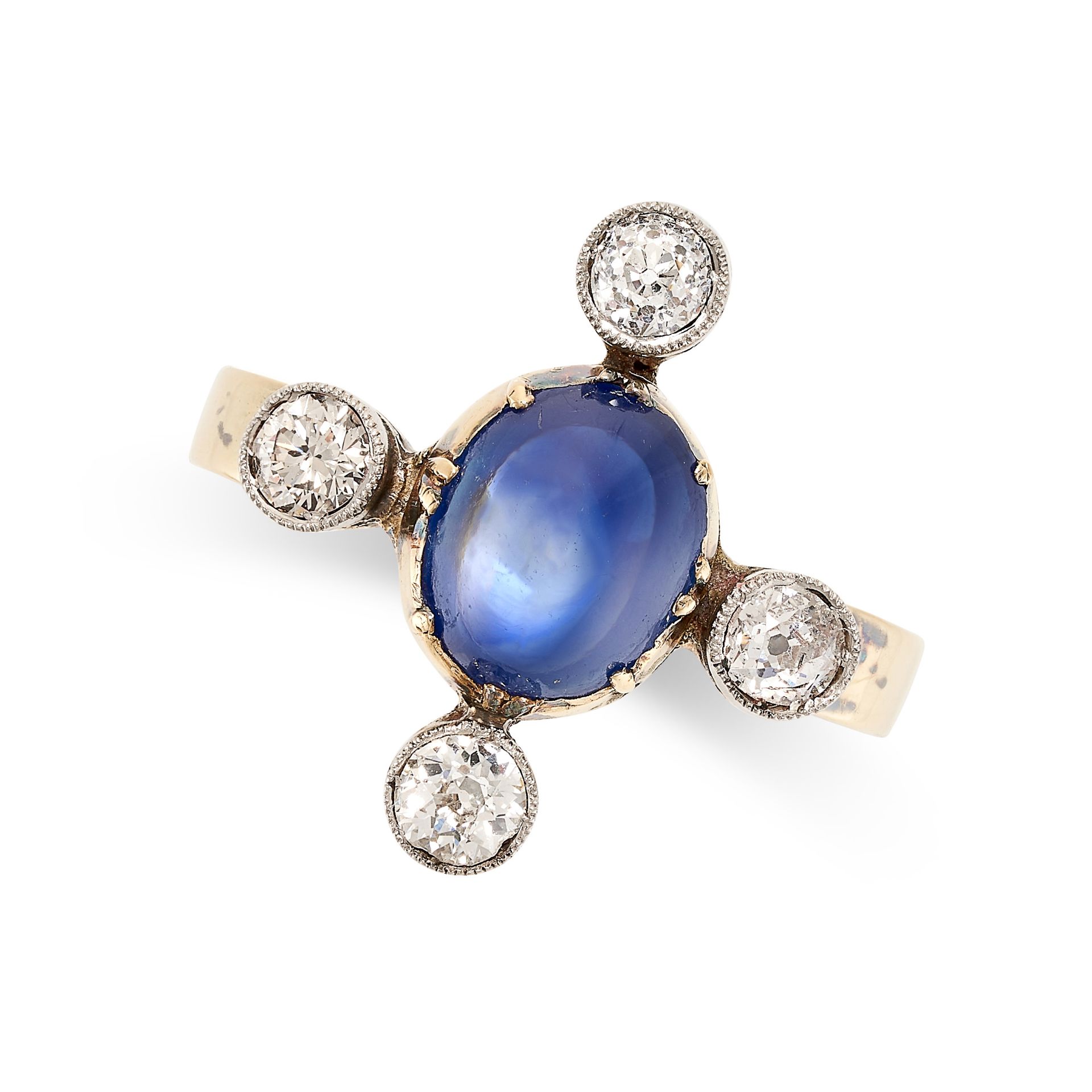 AN ANTIQUE SAPPHIRE AND DIAMOND RING set with a cabochon sapphire of 3.60 carats, accented by four