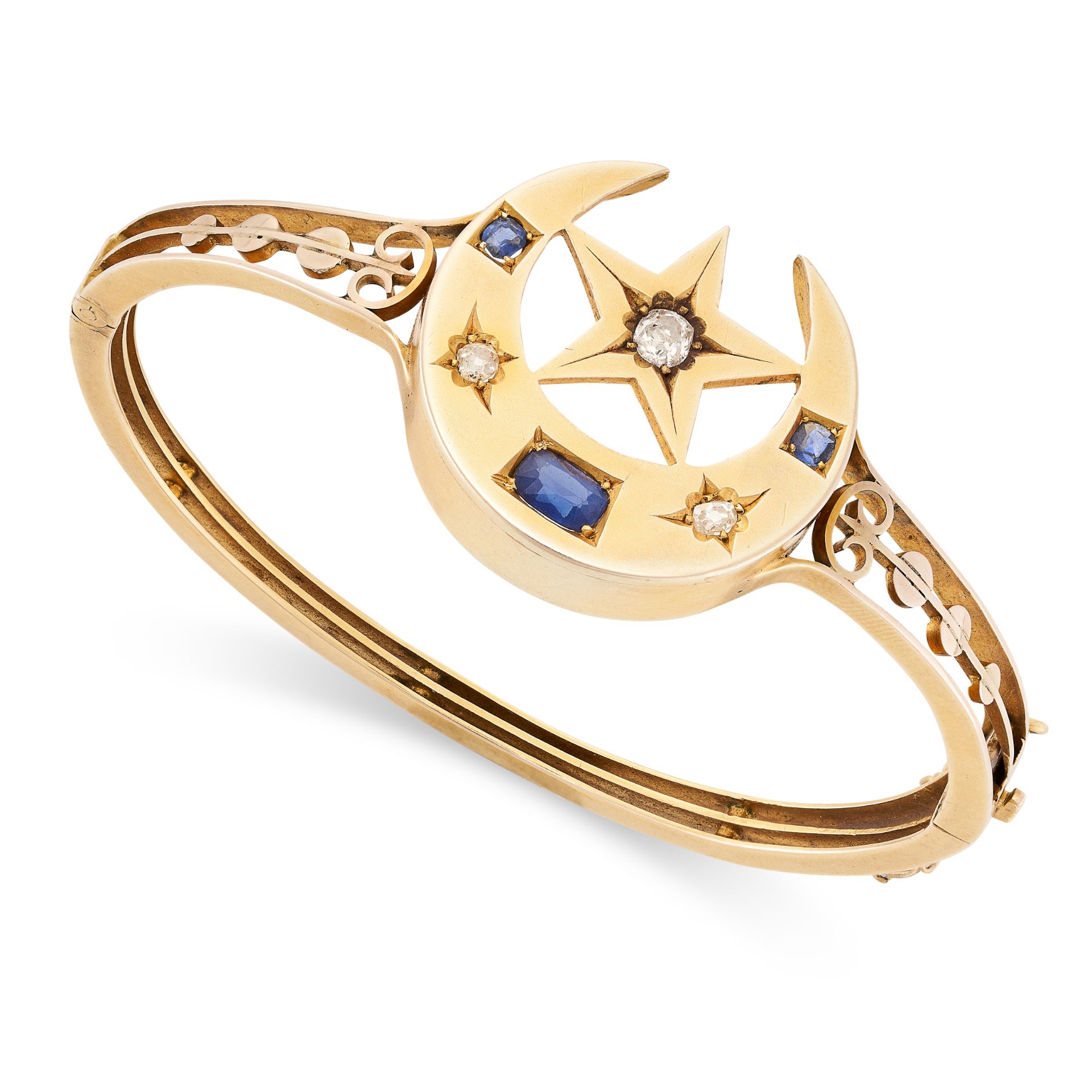 AN ANTIQUE SAPPHIRE AND DIAMOND BANGLE, 19TH CENTURY in 15ct yellow gold, the hinged body with a