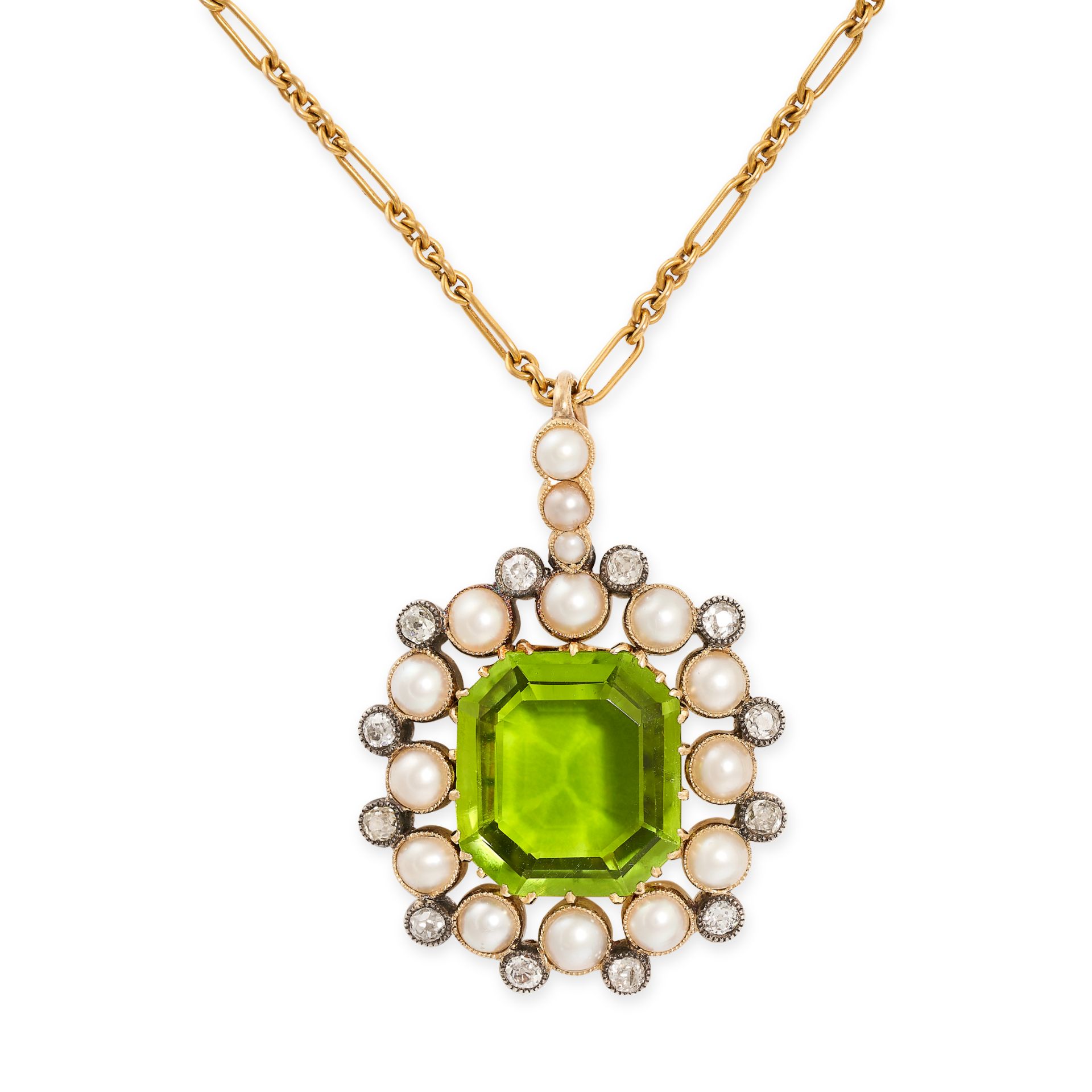 A VINTAGE PERIDOT, PEARL AND DIAMOND PENDANT NECKLACE in 9ct yellow gold, set with a step cut