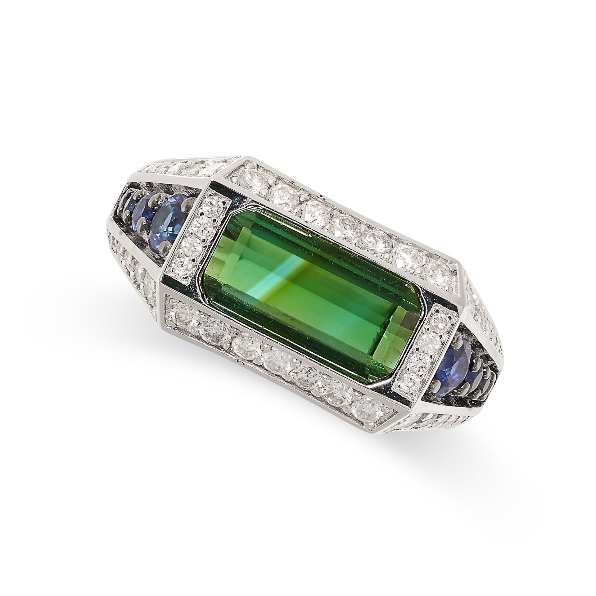 A TOURMALINE, SAPPHIRE AND DIAMOND RING in 18ct white gold, set with an emerald cut tourmaline of