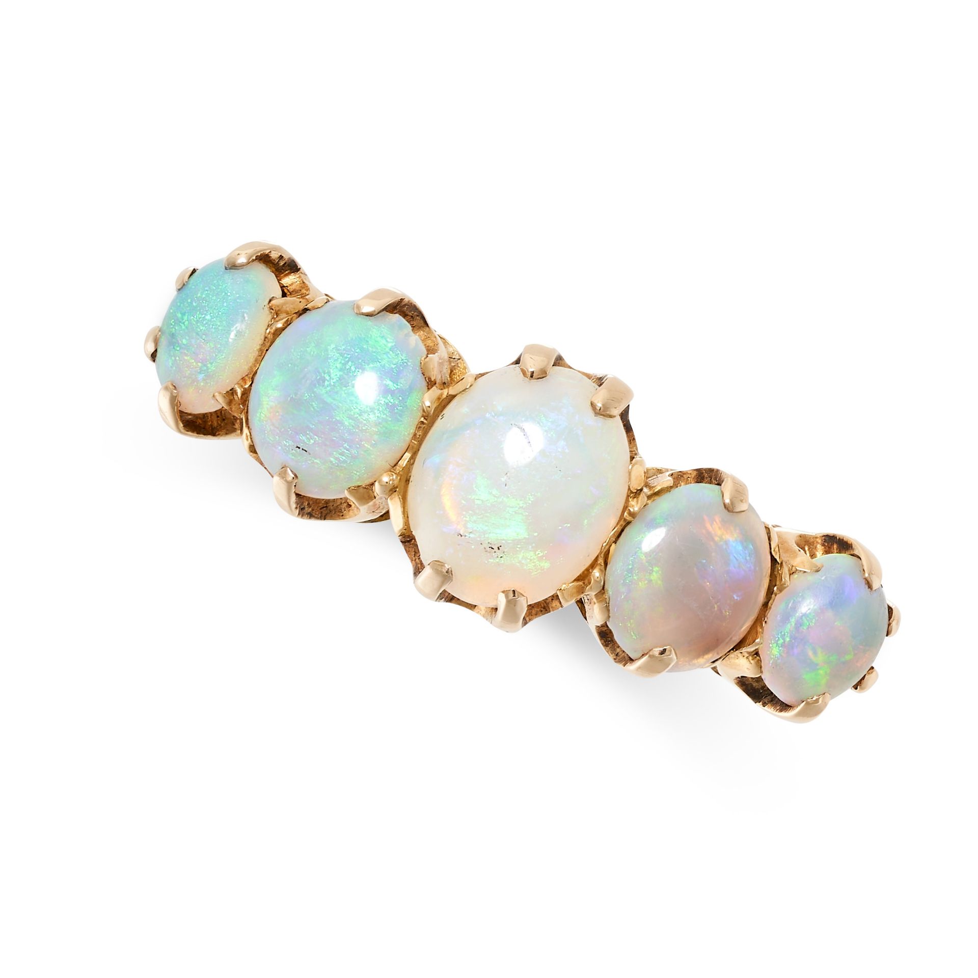 AN ANTIQUE OPAL FIVE STONE RING in 18ct yellow gold, set with five graduated oval cabochon opals,