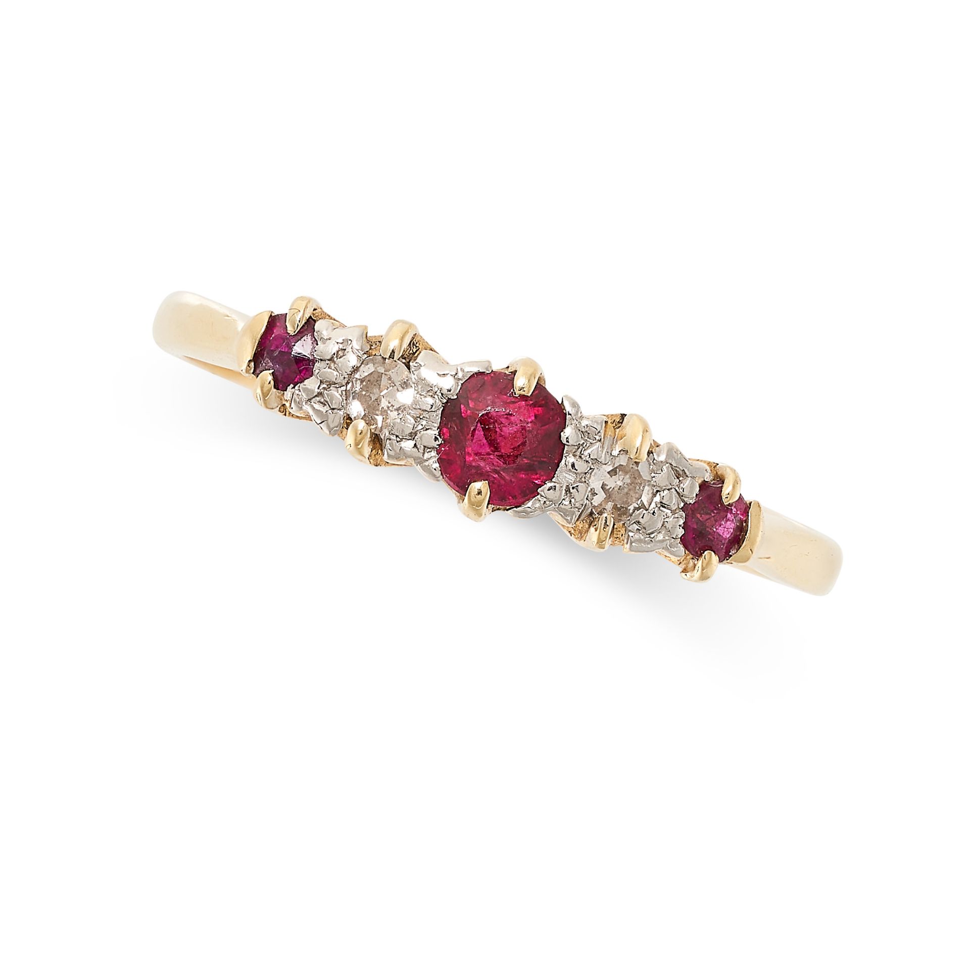 A RUBY AND DIAMOND DRESS RING in 18ct yellow gold, set with a trio of graduated round cut rubies,