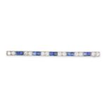 AN ART DECO SAPPHIRE AND DIAMOND BAR BROOCH set with alternating pairs of Old European cut