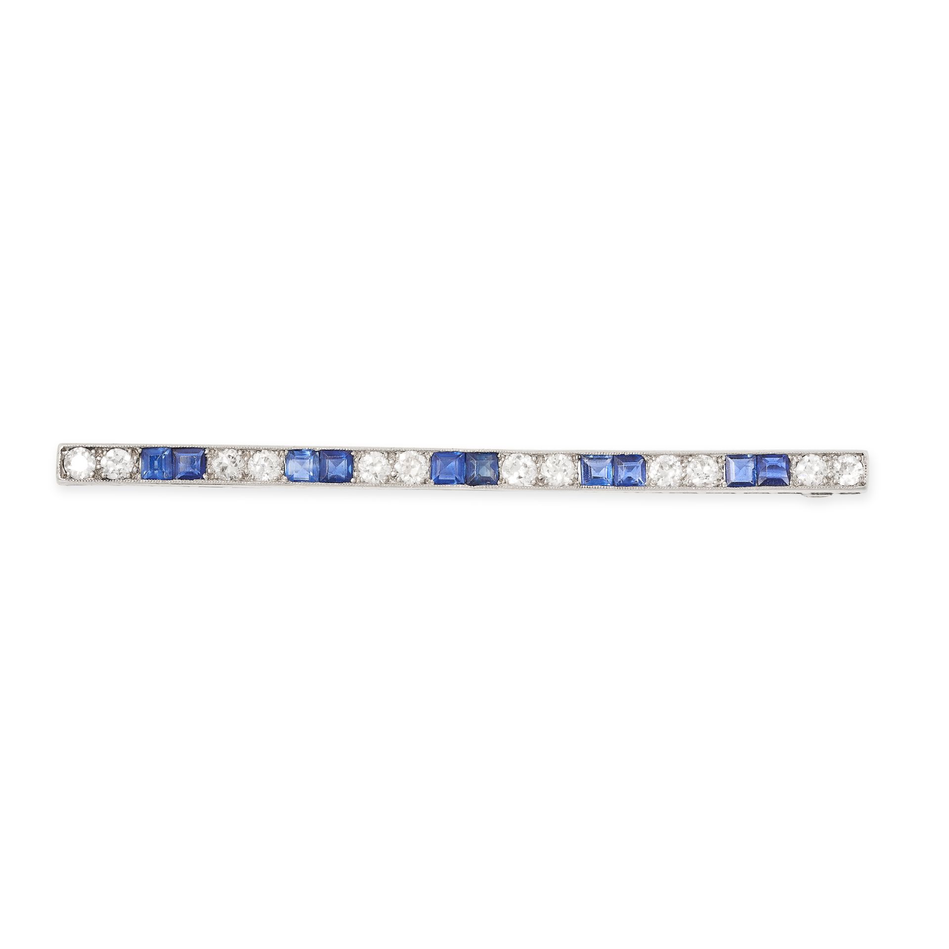 AN ART DECO SAPPHIRE AND DIAMOND BAR BROOCH set with alternating pairs of Old European cut