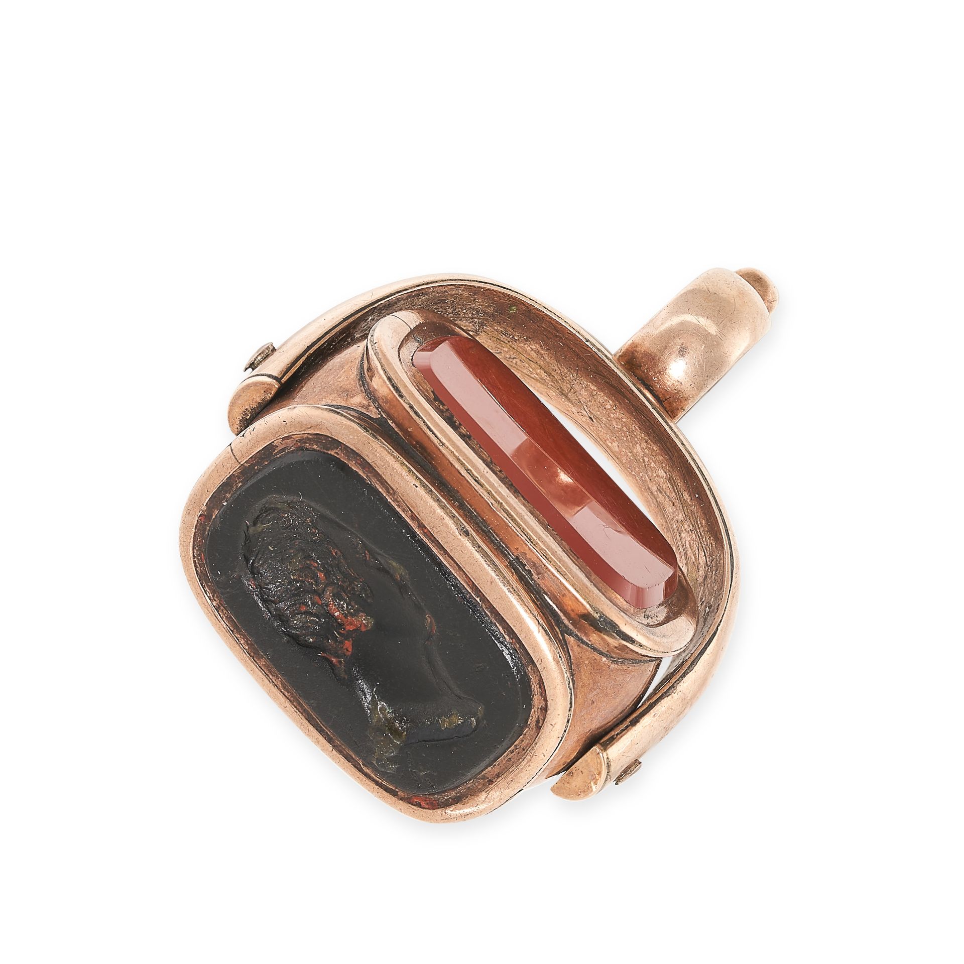 AN ANTIQUE ONYX INTAGLIO AND CARNELIAN ROTATING FOB SEAL PENDANT in yellow gold, the rotating body - Bild 2 aus 3