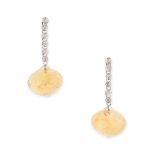 A PAIR OF CITRINE AND DIAMOND EARRINGS in 18ct white gold, each set with a single row of round cut