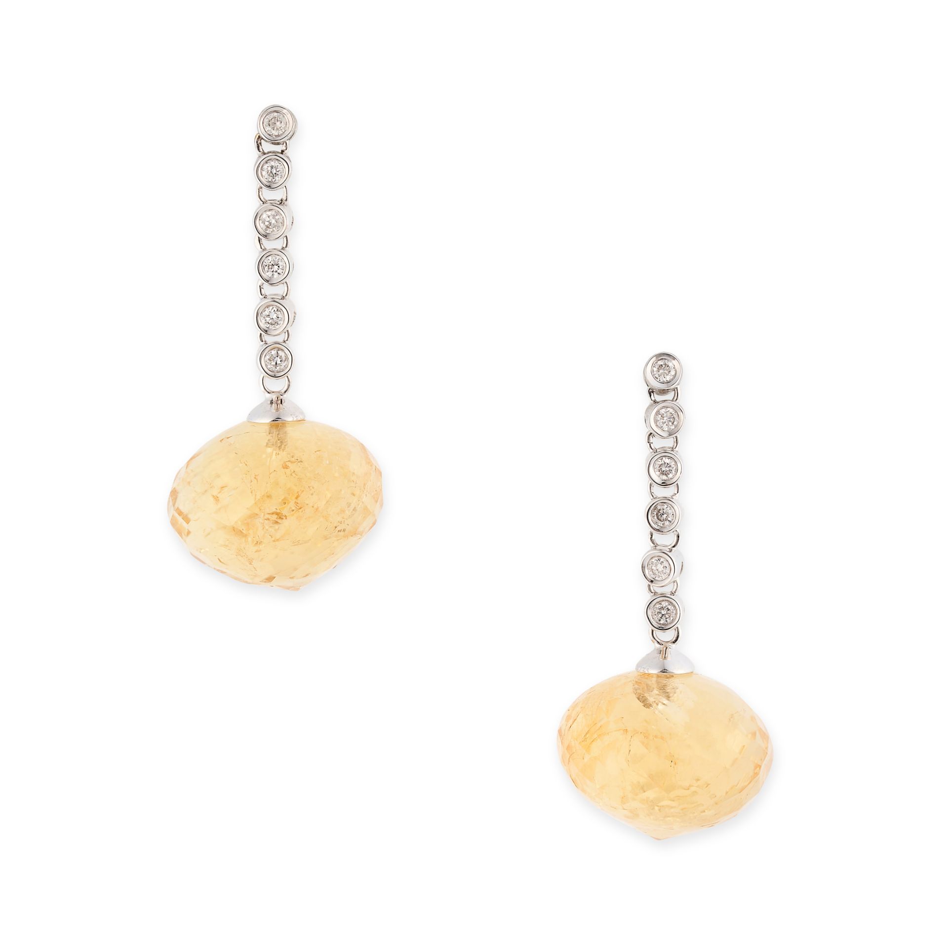 A PAIR OF CITRINE AND DIAMOND EARRINGS in 18ct white gold, each set with a single row of round cut