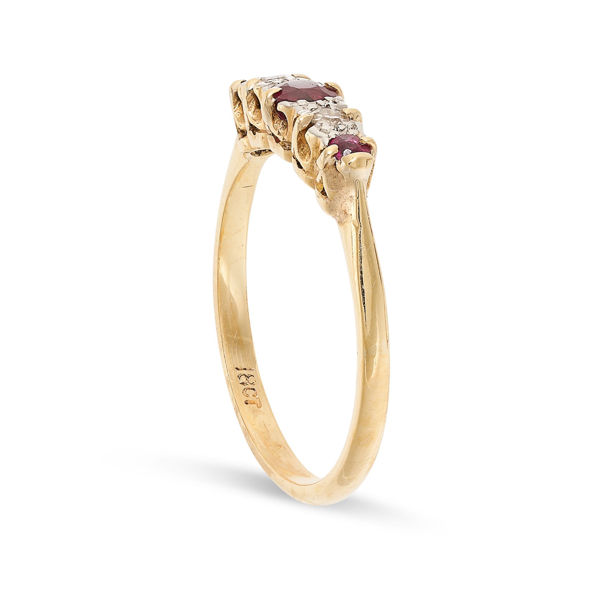 A RUBY AND DIAMOND DRESS RING in 18ct yellow gold, set with a trio of graduated round cut rubies, - Image 2 of 2