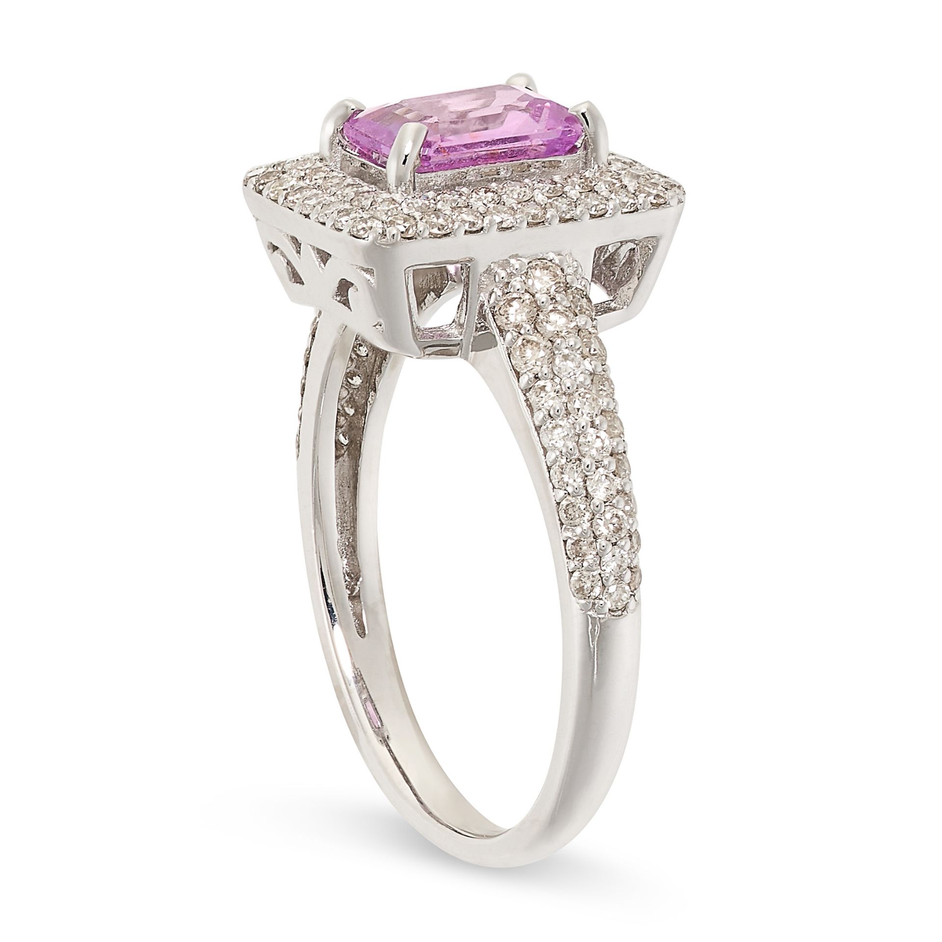 A PINK SAPPHIRE AND DIAMOND DRESS RING in 18ct white gold, set with an emerald cut pink sapphire - Image 2 of 2