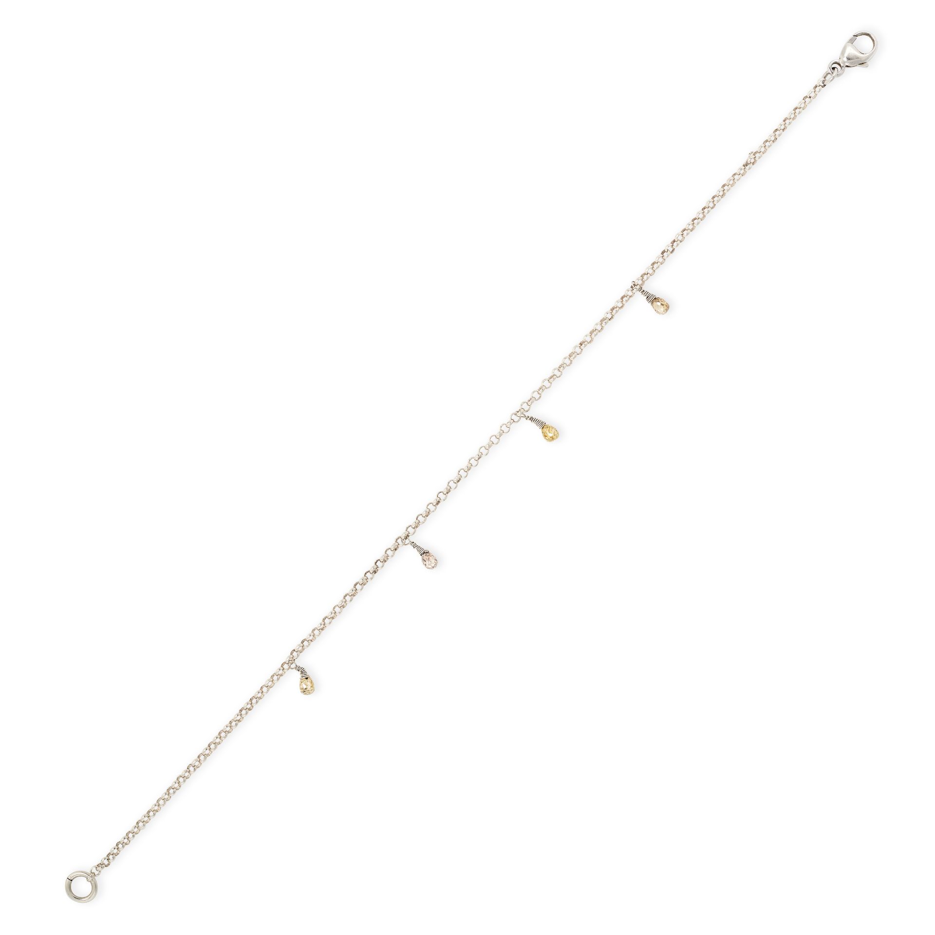 A YELLOW DIAMOND BRACELET comprising a belcher link chain suspending four yellow diamond briolettes,