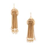 A PAIR OF PEARL TASSEL EARRINGS in 18ct yellow gold, the bodies formed of a series of chain tassels,