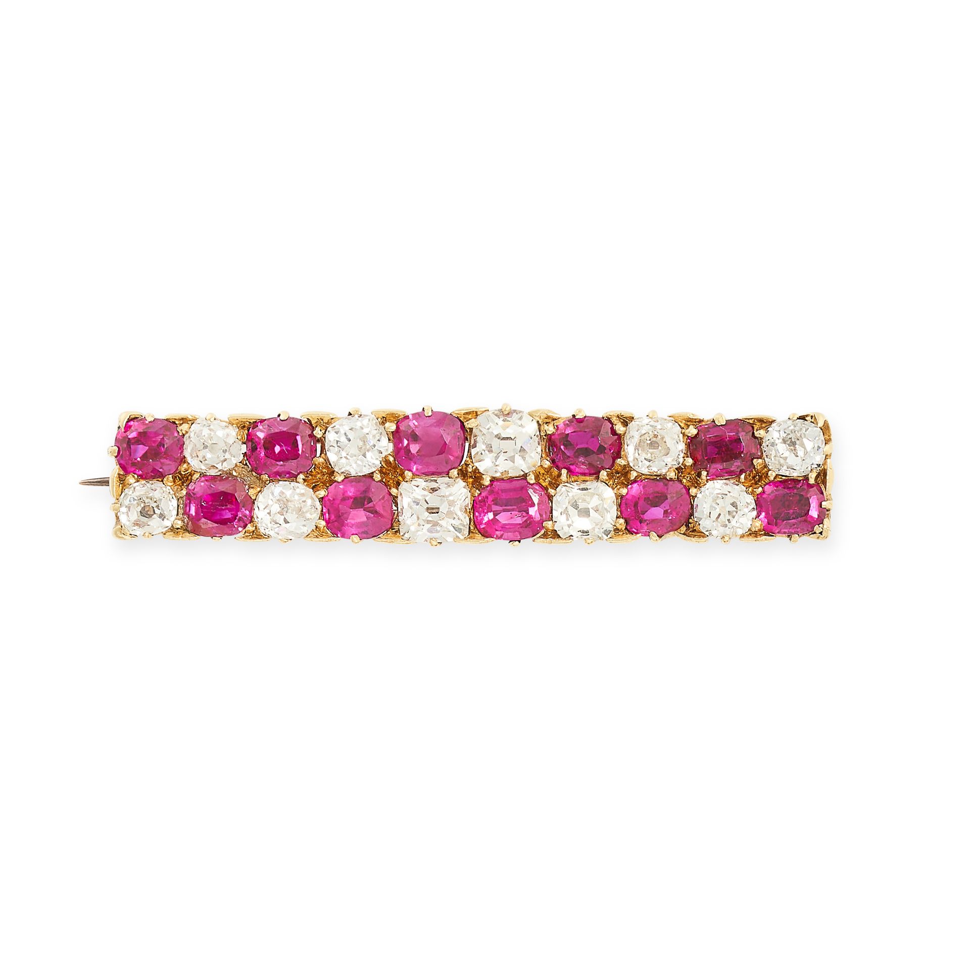 AN ANTIQUE BURMA NO HEAT RUBY AND DIAMOND BAR BROOCH in yellow gold, the rectangular face set with