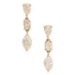 A PAIR OF DIAMOND DROP EARRINGS in 18ct yellow gold, each set with a trio of articulated diamonds of