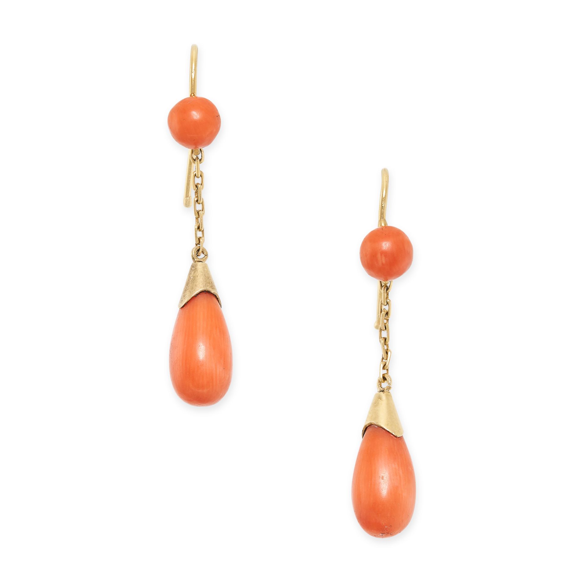 A PAIR OF ANTIQUE CORAL DROP EARRINGS in high carat yellow gold, each set with a polished tapering