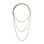 AN ANTIQUE LONG GUARD CHAIN NECKLACE in 9ct yellow gold, comprising a single row of belcher links,