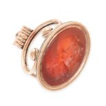 AN ANTIQUE CARNELIAN INTAGLIO SEAL FOB / PENDANT, 19TH CENTURY in yellow gold, the oval face set