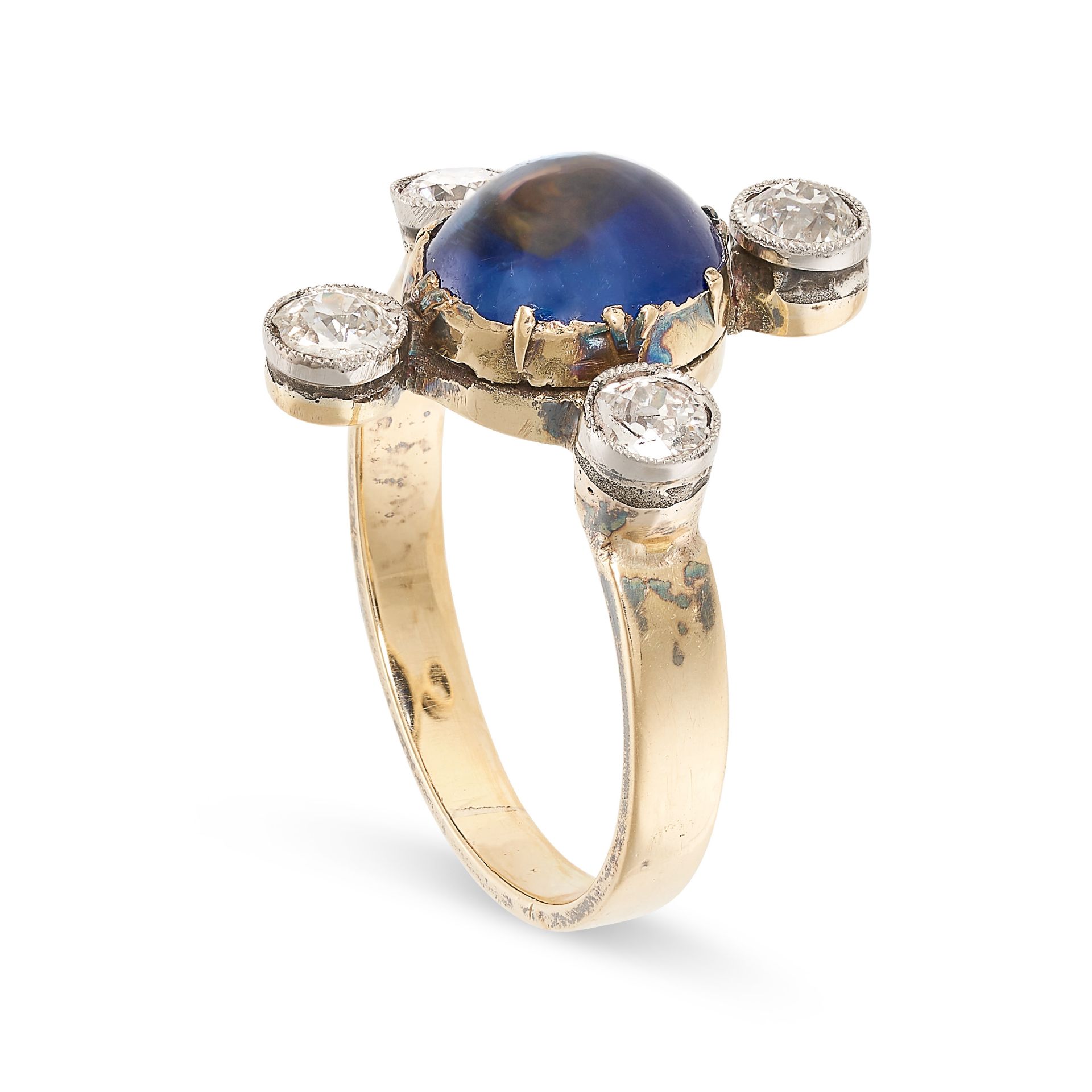 AN ANTIQUE SAPPHIRE AND DIAMOND RING set with a cabochon sapphire of 3.60 carats, accented by four - Image 2 of 2