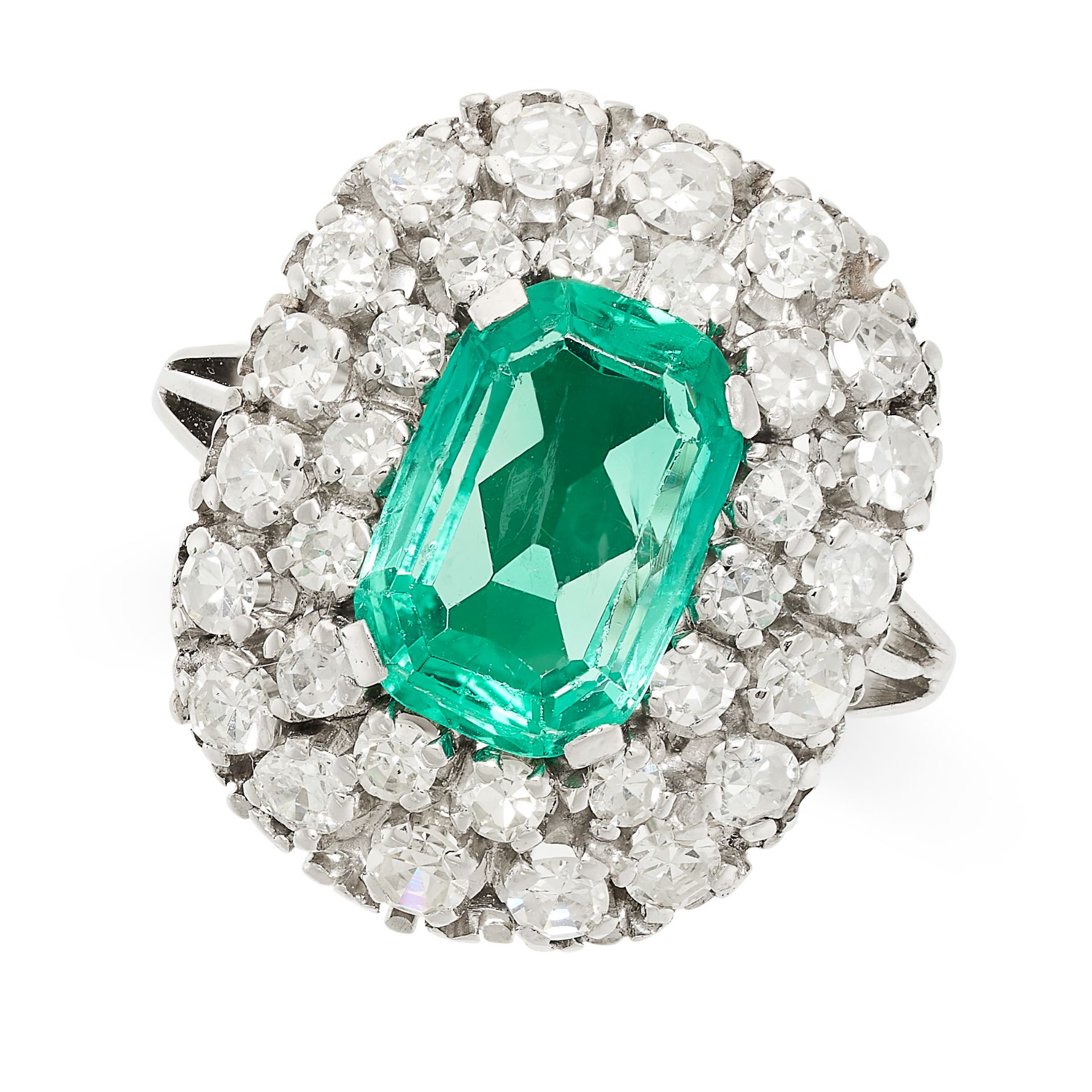 A COLOMBIAN EMERALD AND DIAMOND RING in 14ct white gold, set with an octagonal step cut emerald of