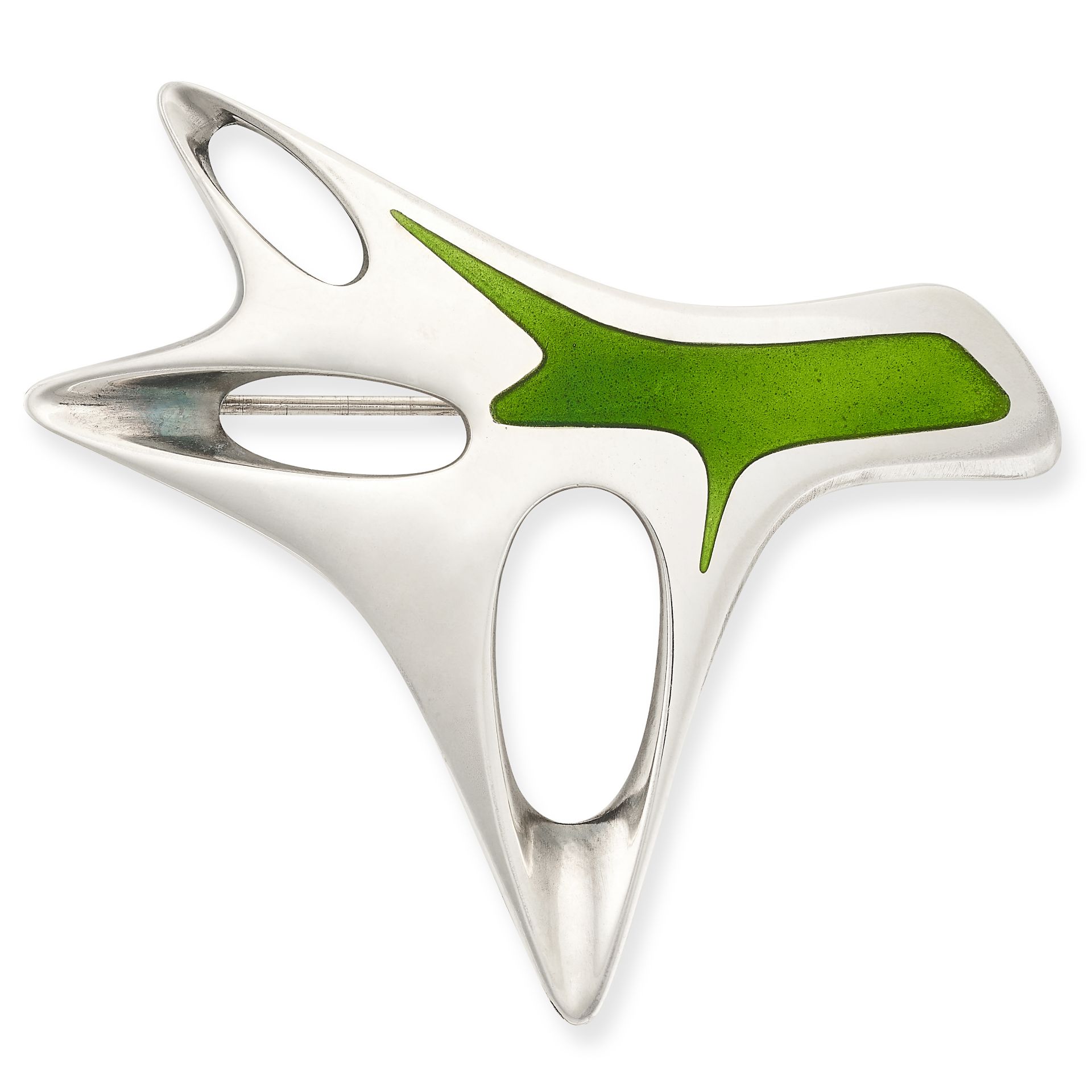 HENNING KOPPEL FOR GEORG JENSEN, A VINTAGE ENAMEL BROOCH in silver, design number 323, with green