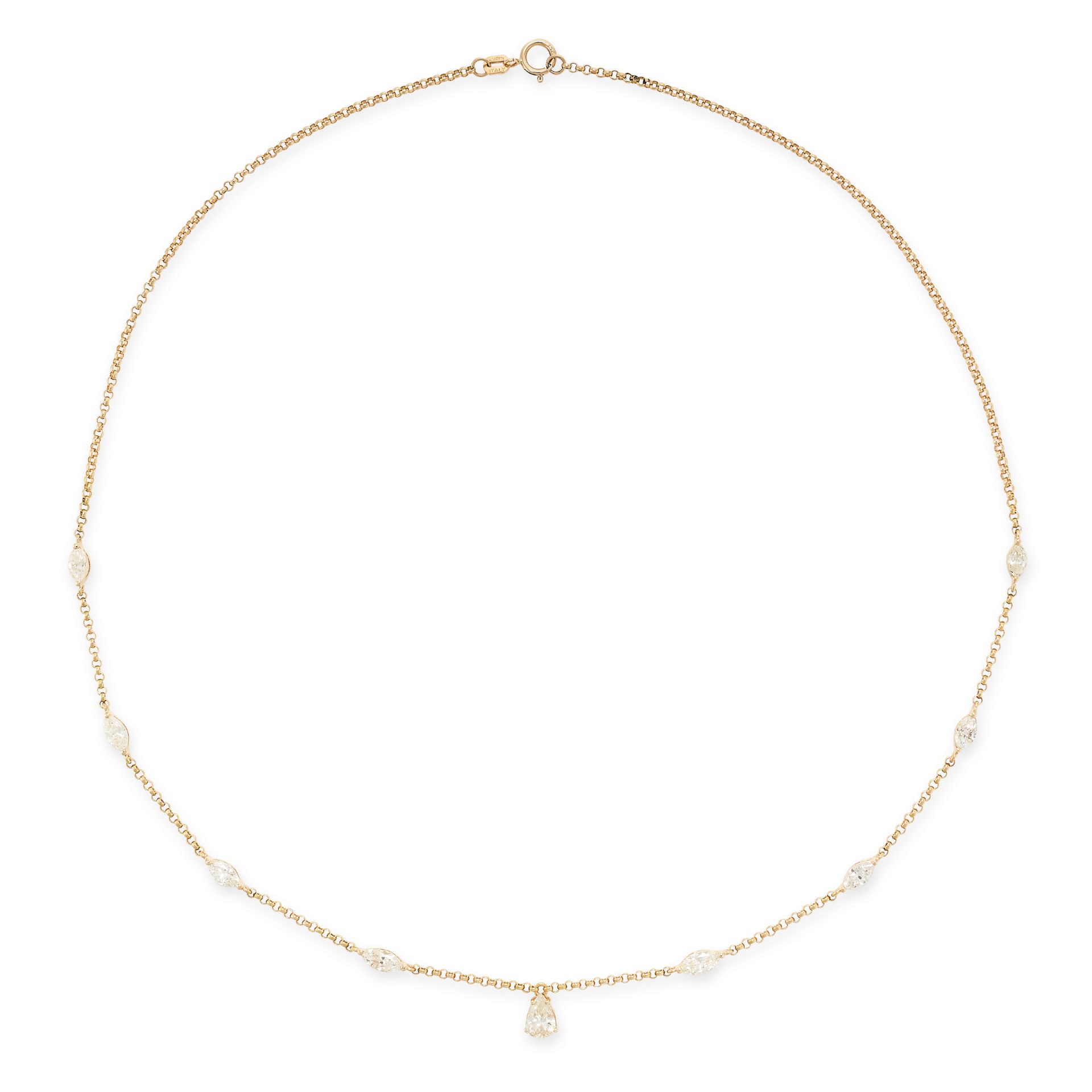 A DIAMOND NECKLACE in 18ct yellow gold, the chain punctuated by eight marquise cut diamonds,