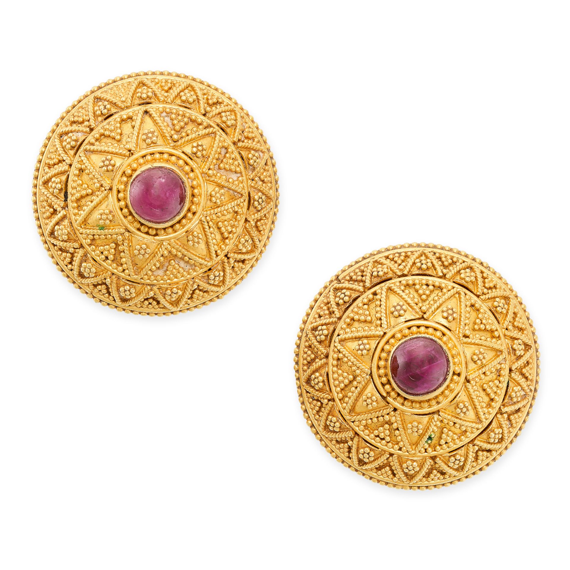 LALAOUNIS, A PAIR OF VINTAGE RUBY EARRINGS in 18ct and 22ct yellow gold, the circular face set