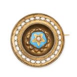 AN ANTIQUE ENAMEL AND HAIRWORK MOURNING LOCKET BROOCH, 19TH CENTURY in 15ct yellow gold, the