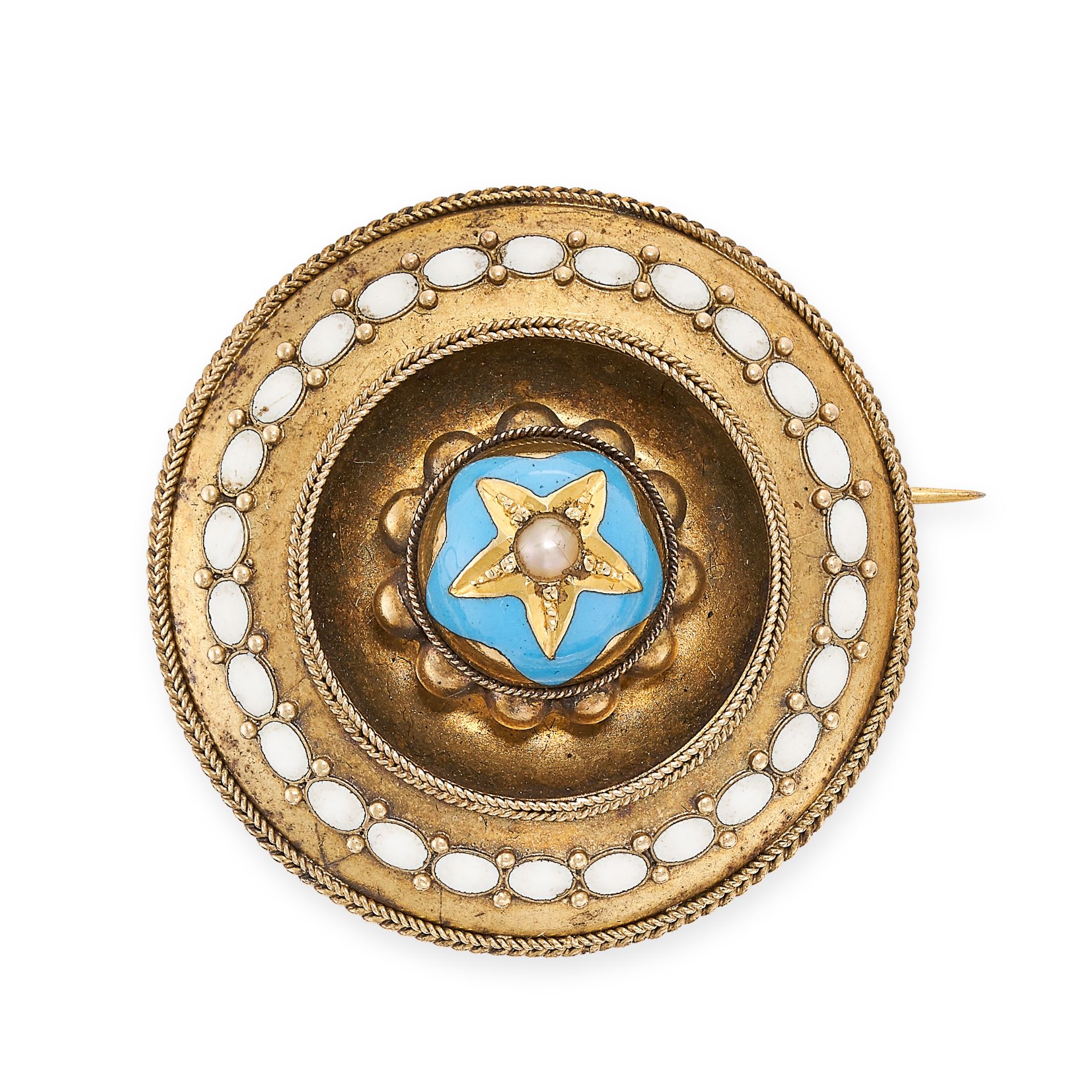 AN ANTIQUE ENAMEL AND HAIRWORK MOURNING LOCKET BROOCH, 19TH CENTURY in 15ct yellow gold, the