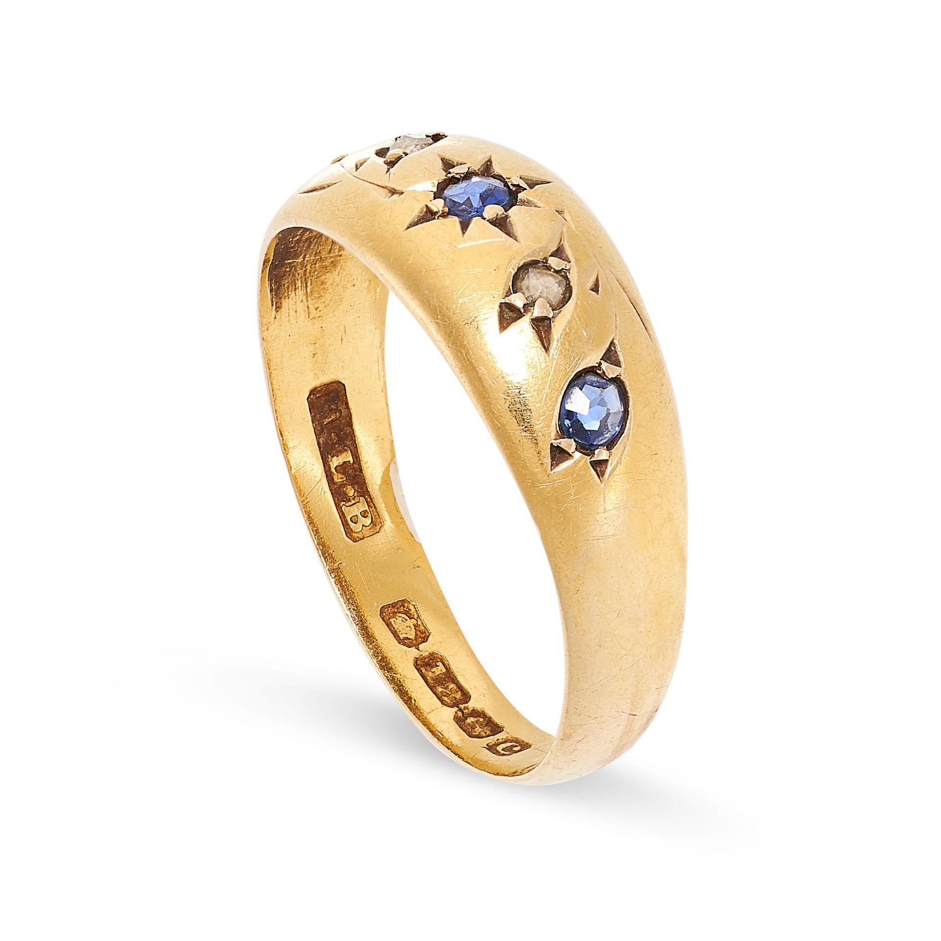 AN ANTIQUE EDWARDIAN SAPPHIRE AND DIAMOND DRESS RING, 1902 in 18ct yellow gold, the tapering band - Image 2 of 2