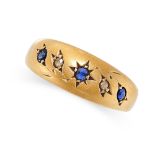 AN ANTIQUE EDWARDIAN SAPPHIRE AND DIAMOND DRESS RING, 1902 in 18ct yellow gold, the tapering band